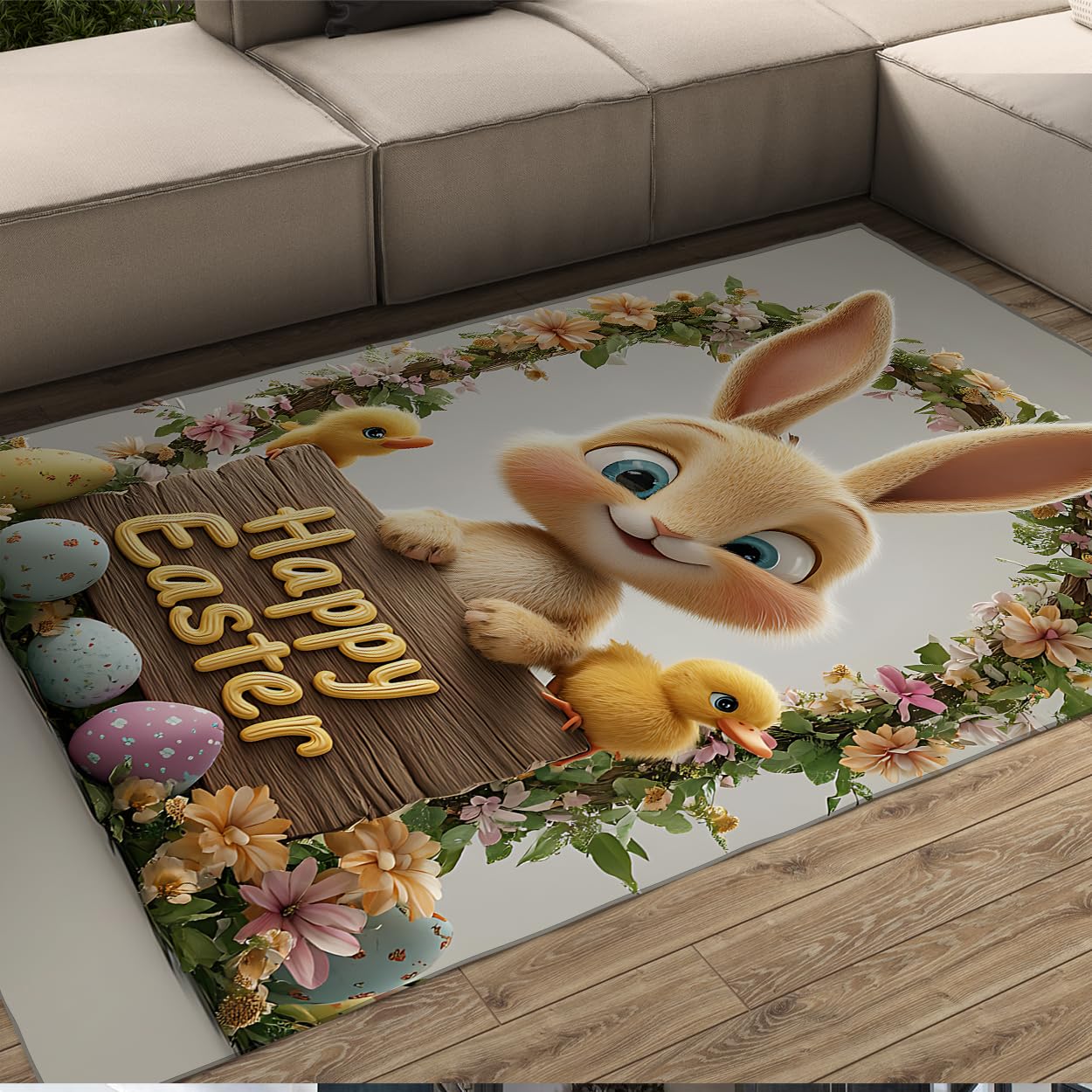 Alfombras Lavables 180x270cm Happy Easter Bunny Alfombra de Cocina para salón Dormitorio Comedor Huevos Florales de Pelo bajo y Vibrantes Estampado de Huevos