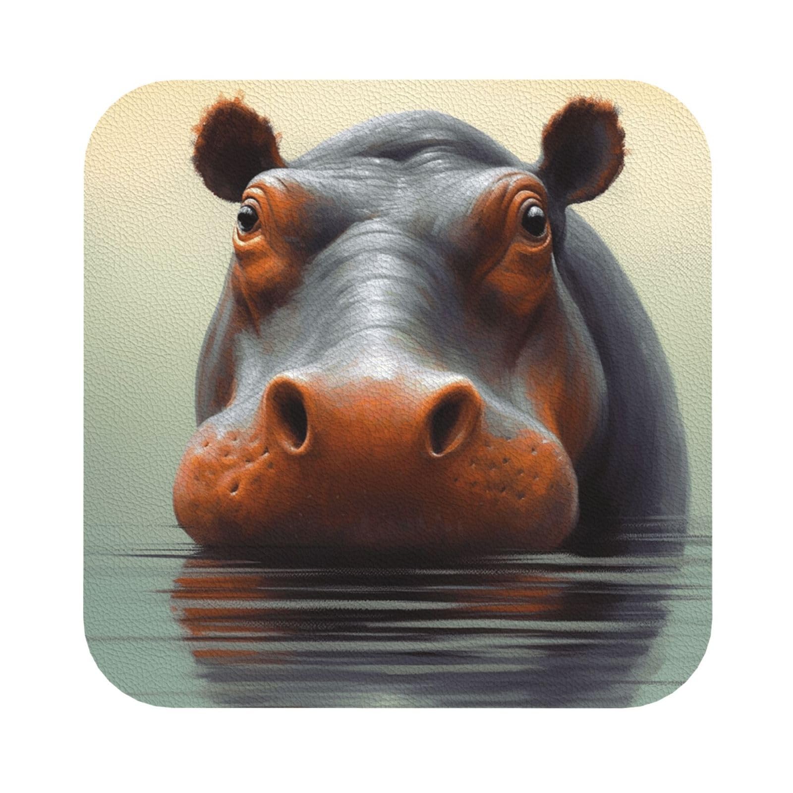 Fodpand Square Hippo Drink Coasters Set Of 4, Heat Resistant Leather Coasters Fuuny Bar Beer Beverage Coaster For Drinks, Absorbent Cup Mat For Tabletop Protection, Housewarming Gift