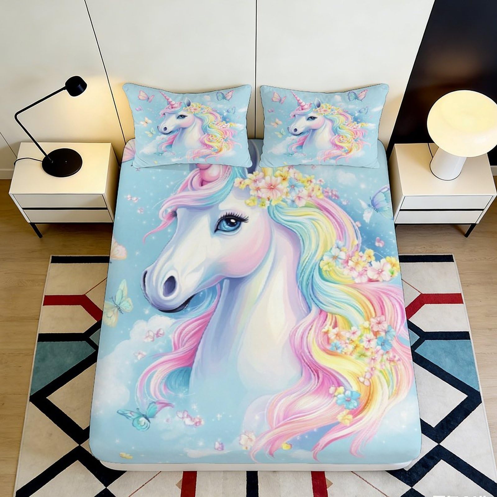 3D Printed Fantasy Unicorn Fitted Sheet Microfiber Soft Pastel Rainbow Bed Cover for Bedroom Guest Room Decor 90x200x25cm