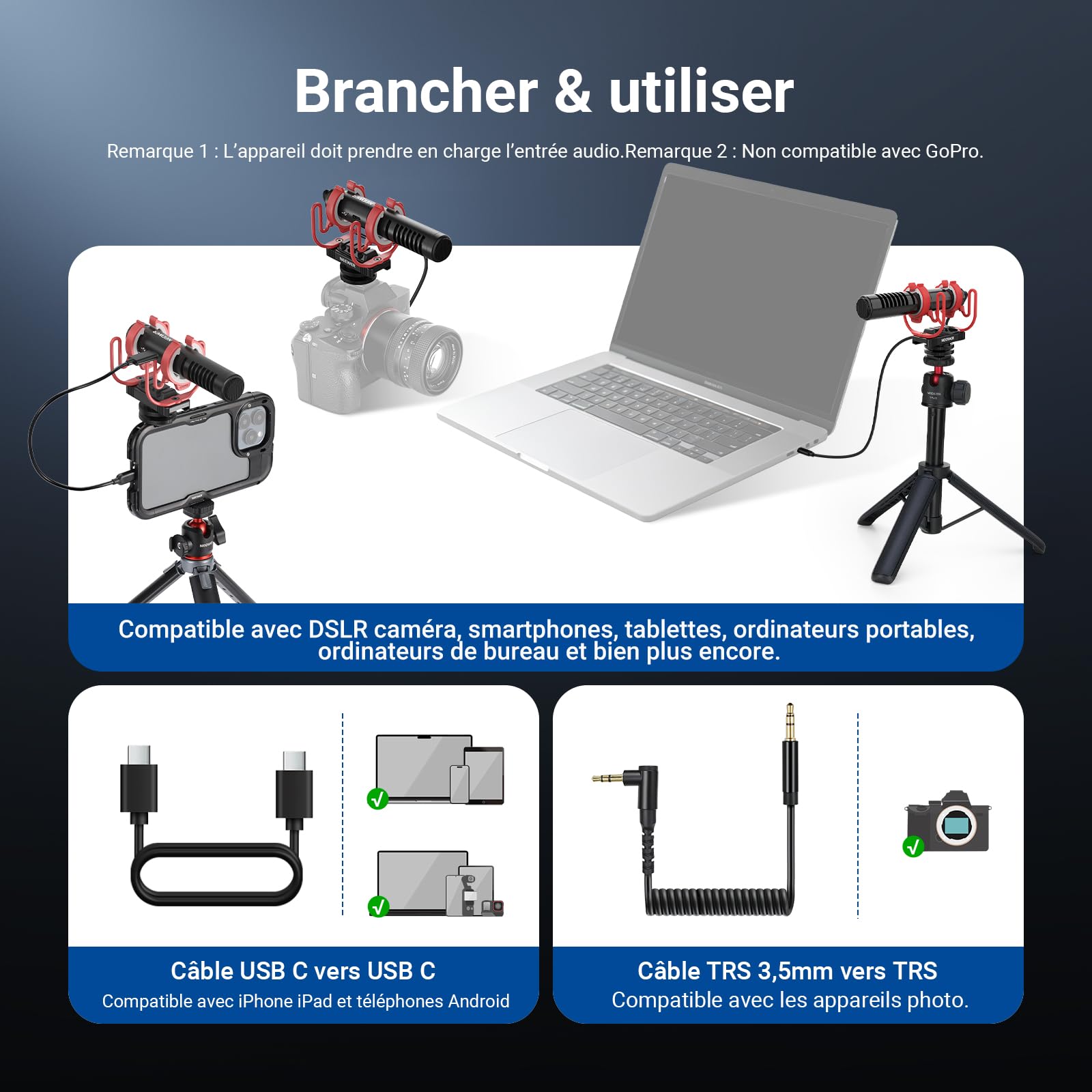NEEWER VM15 Micro Supercardioïde Miniature avec Réduction de Bruit AI,App Audio& égaliseur,48kHz/24bit,Entrée Analogique 3,5mm/Numérique USB C,Compatible avec iPhone Android,EQ Uniquement pour Android