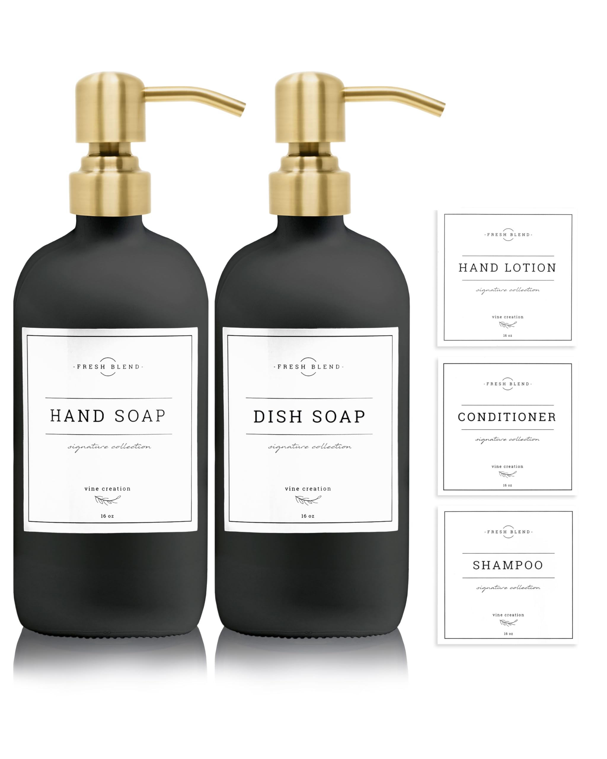 Vine CreationsBlack Glass Soap Dispenser, 2 Pack Kitchen Soap Dispenser Set with Stainless Steel Pump, 16 oz Dish Soap and Hand Soap Dispensers for Bathroom with Waterproof Labels