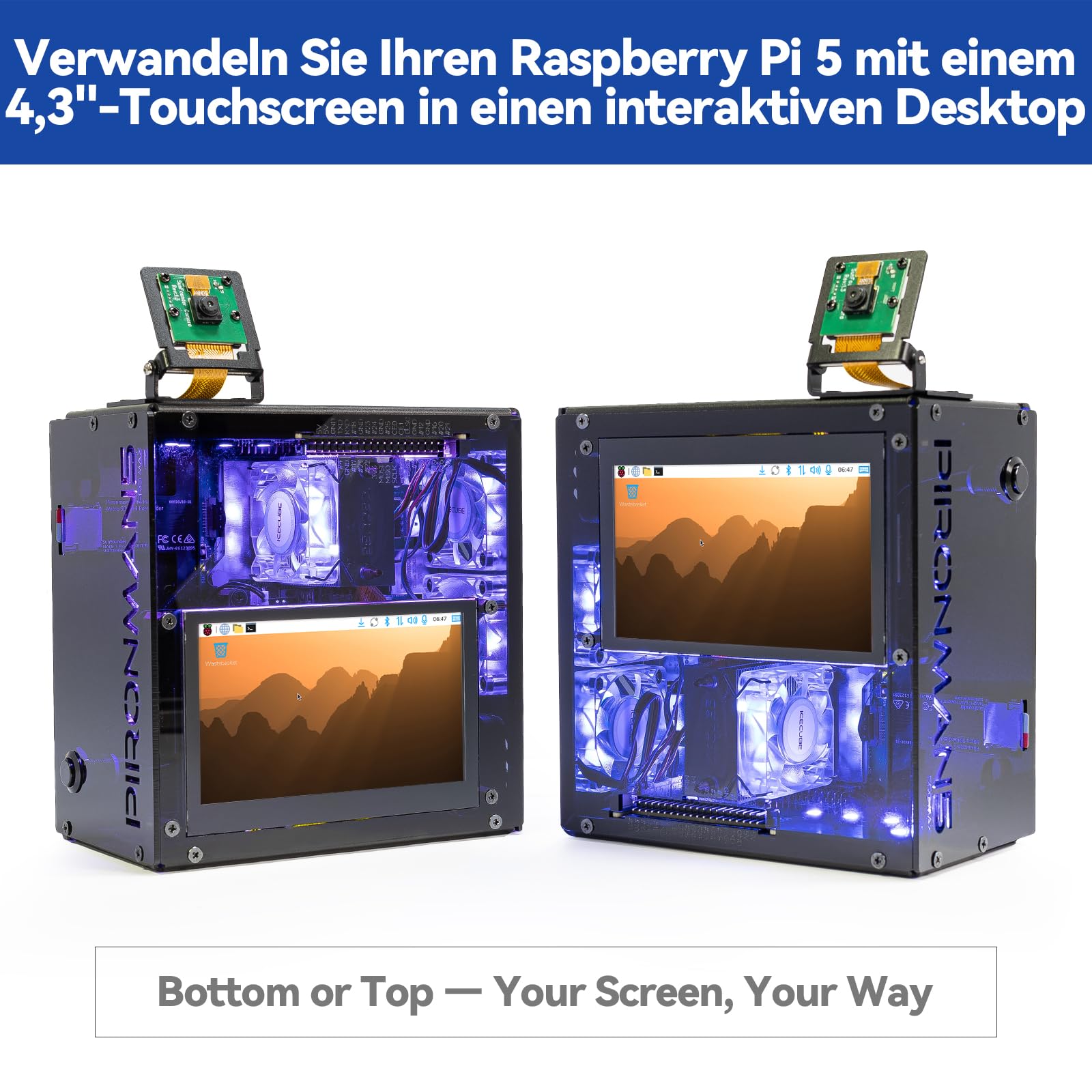 Pironman 5 Pro Max Mini-PC-Gehäuse mit 4,3" Touchscreen für Raspberry Pi 5, OpenClaw KI-Agent, Dual NVMe RAID 0/1 NAS, Kamera, Mikrofon, Audio, M.2 Hailo8, LLMs ChatGPT/Gemini (RPI5 Nicht enthalten)