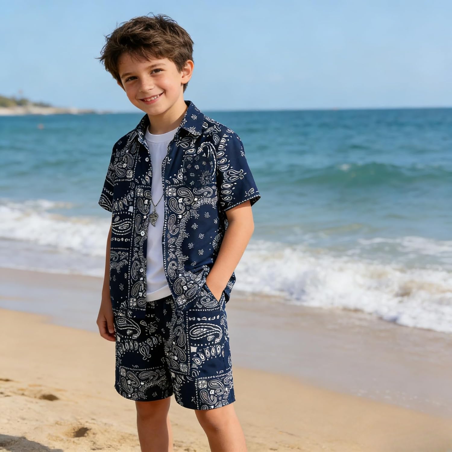 7-14 Years Boys Summer Clothes 2 Piece Outfits Hawaiian Vacation Beach Short Sleeve Button Down Shirt & Shorts Sets