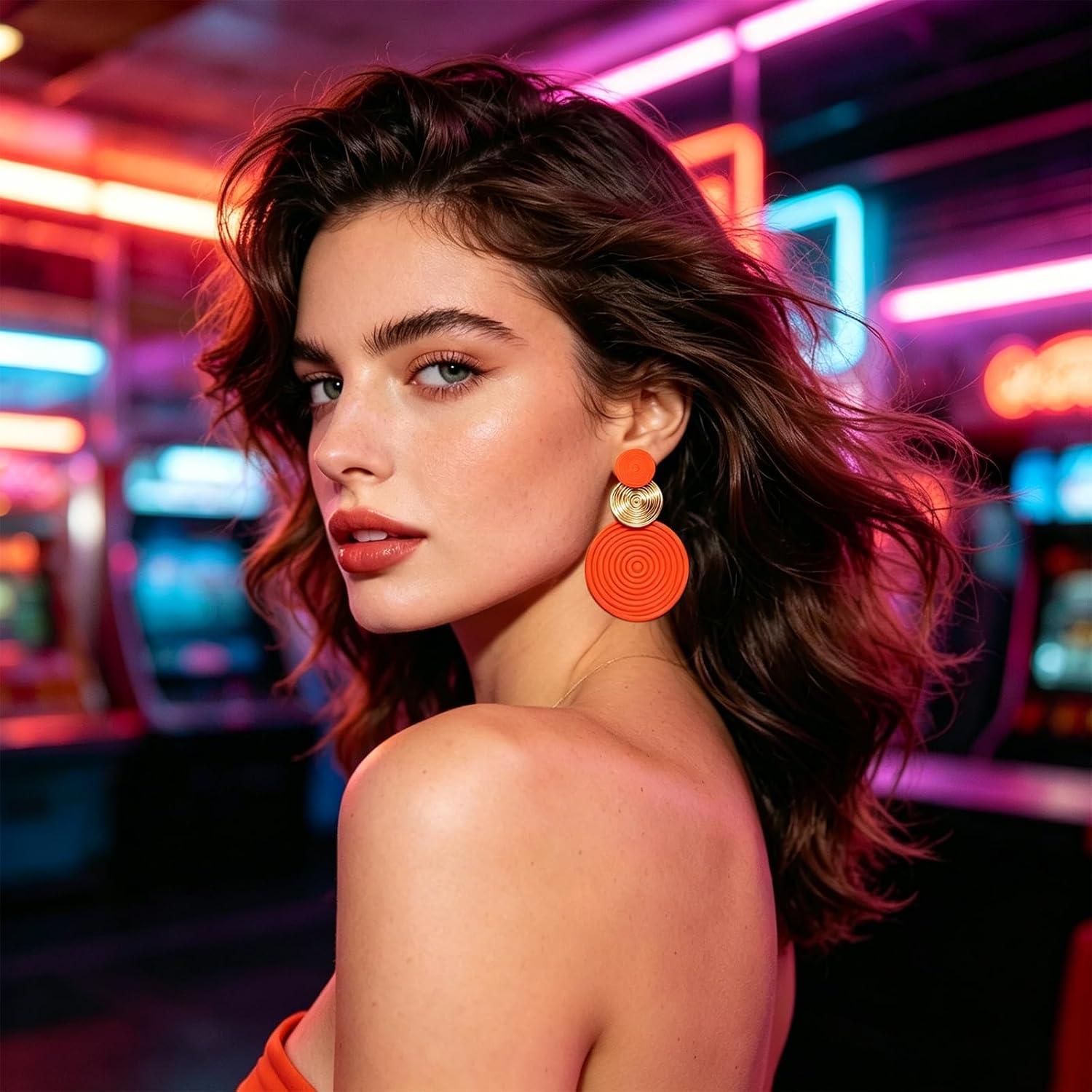 Retro 80s Neon Earrings Round Disc Dangle Drop Earrings for Women Lightweight Bohemia Statement Geometric Round Earring Fashion Accessories 80s Jewelry Costume Party image 4