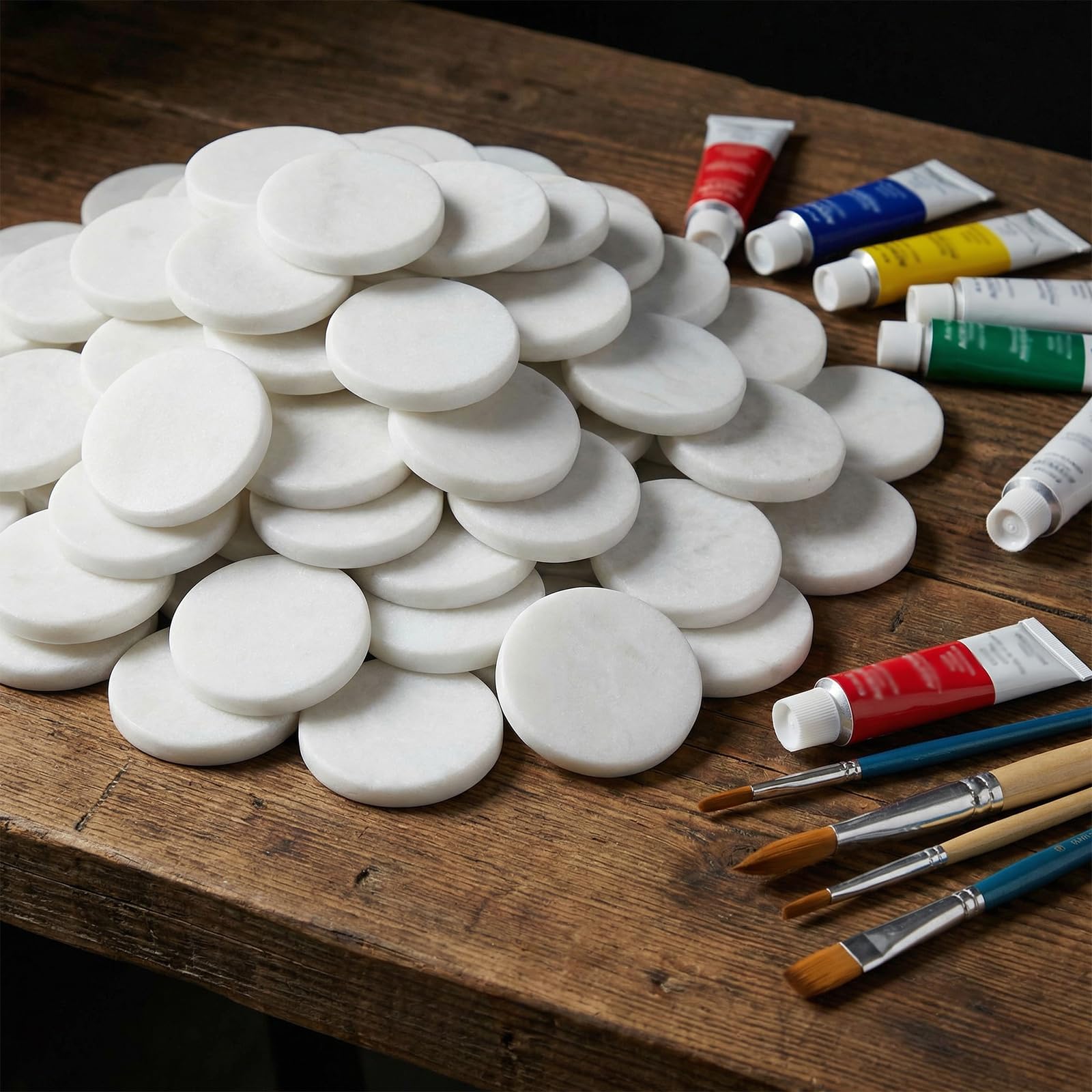 Lot de 65 pierres plates blanches à peindre, en pierre naturelle, rondes, diamètre : 5 cm, surface lisse, pour l'art et le bricolage, pierres décoratives pour jardin et aquarium