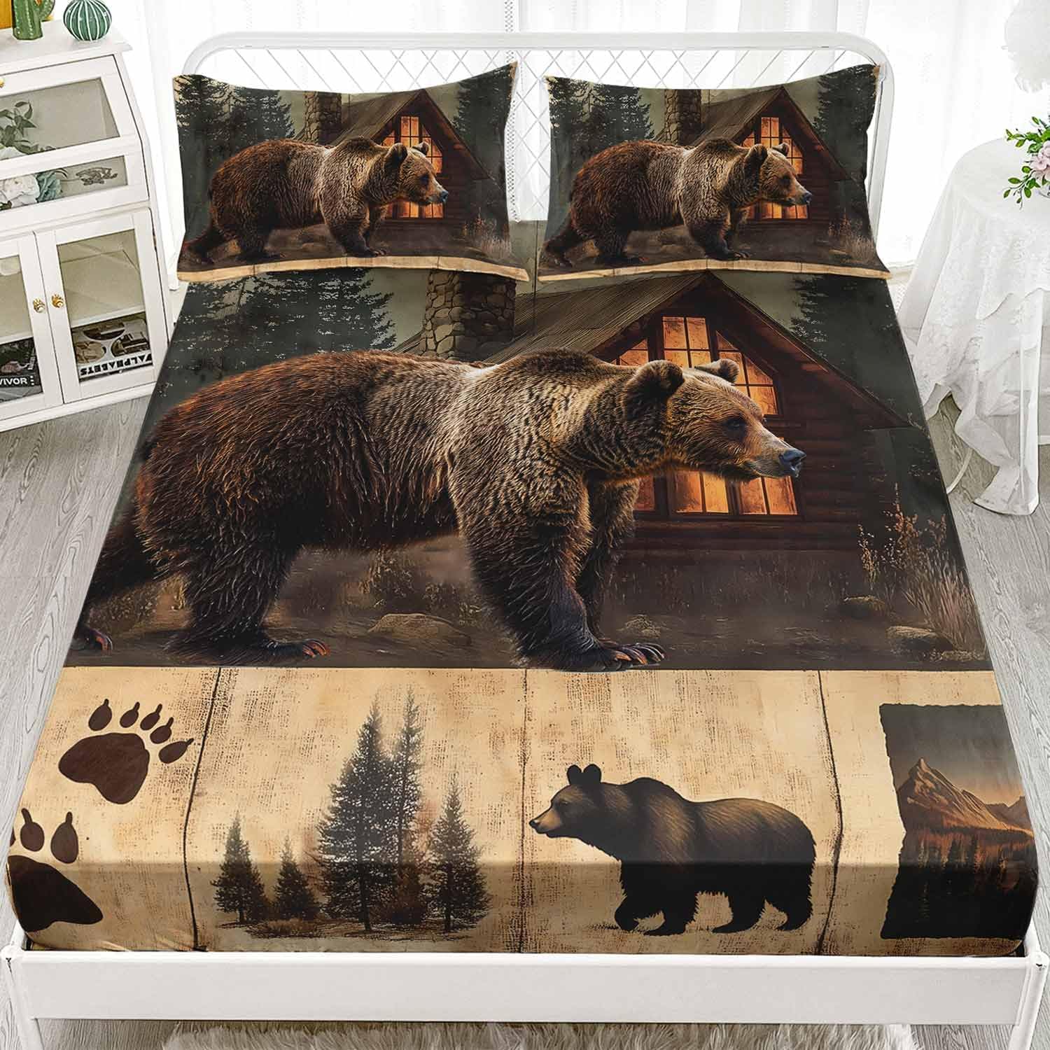 AILONEN Boys Rustic Bear Bedding Set Twin XL Size,Wildlife Hunting Fitted Sheet with 2 Pillowcases,3 Pieces Bear Paw Printed Soft Sheet Set