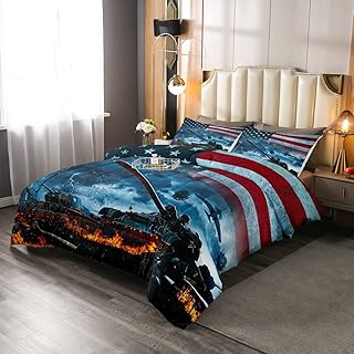 Erosebridal American Flag Down Comforter Tank Gun Bedding Sets Military Theme Comforter for Boys Adults Men Camouflage Bedroom Fighter Plane National Flag Aircraft Quilted Duvet 3 Pieces Queen Size
