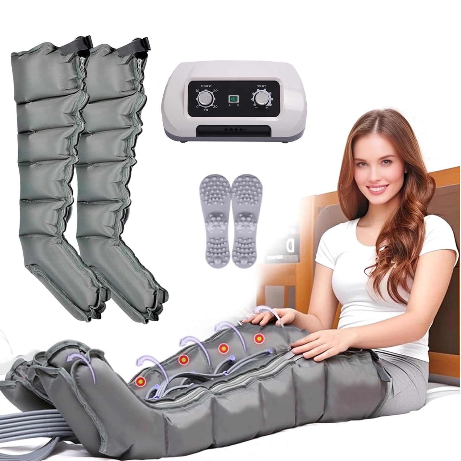 Presoterapia para Casa Botas Compresión Presoterapia, Masajeador de piernas con compresión de aire, Refuerzo de circulación para pies, Piernas, Cintura (Gris, Máquina + piernas)