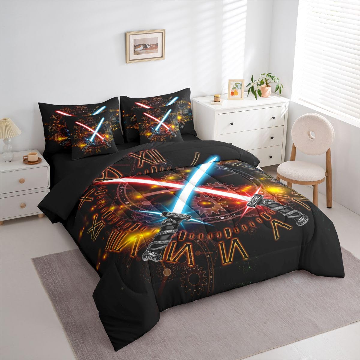 Feelyou Kids Lightsaber Comforter Set 7 Pieces Full Size Gear Cogwheels Pattern Bedding Set for Boys Girls 3D Neon Blue Red Bed in a Bag with Comforter, Sheets, Pillowcases & Cushion Covers