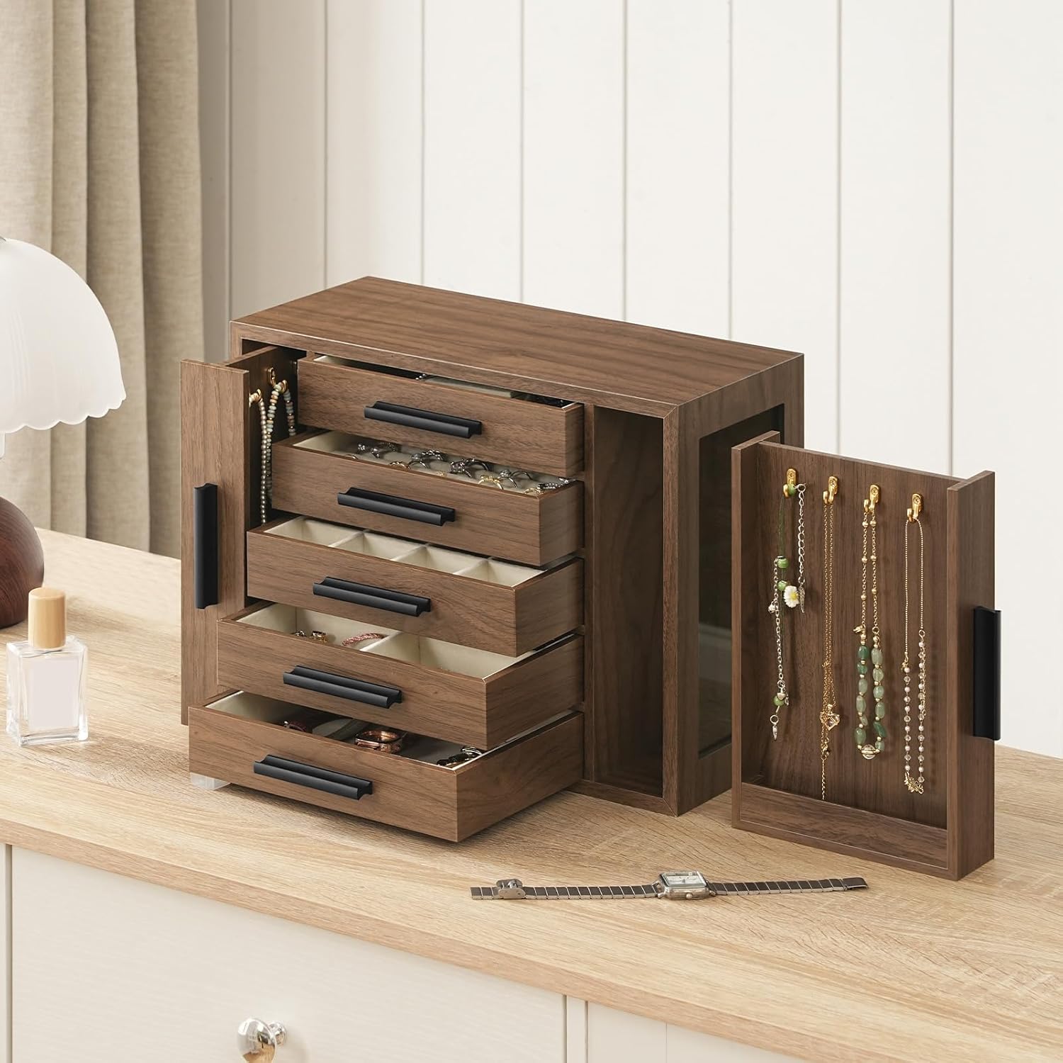 HOOBRO 5-Tier Jewelry Box, Wooden Jewelry Organizer with Transparent Windows, Jewelry Storage Box with 2 Vertical Drawers, for Earring, Necklace, Bracelet, Ring, Watch, Walnut and Black BH19JB04