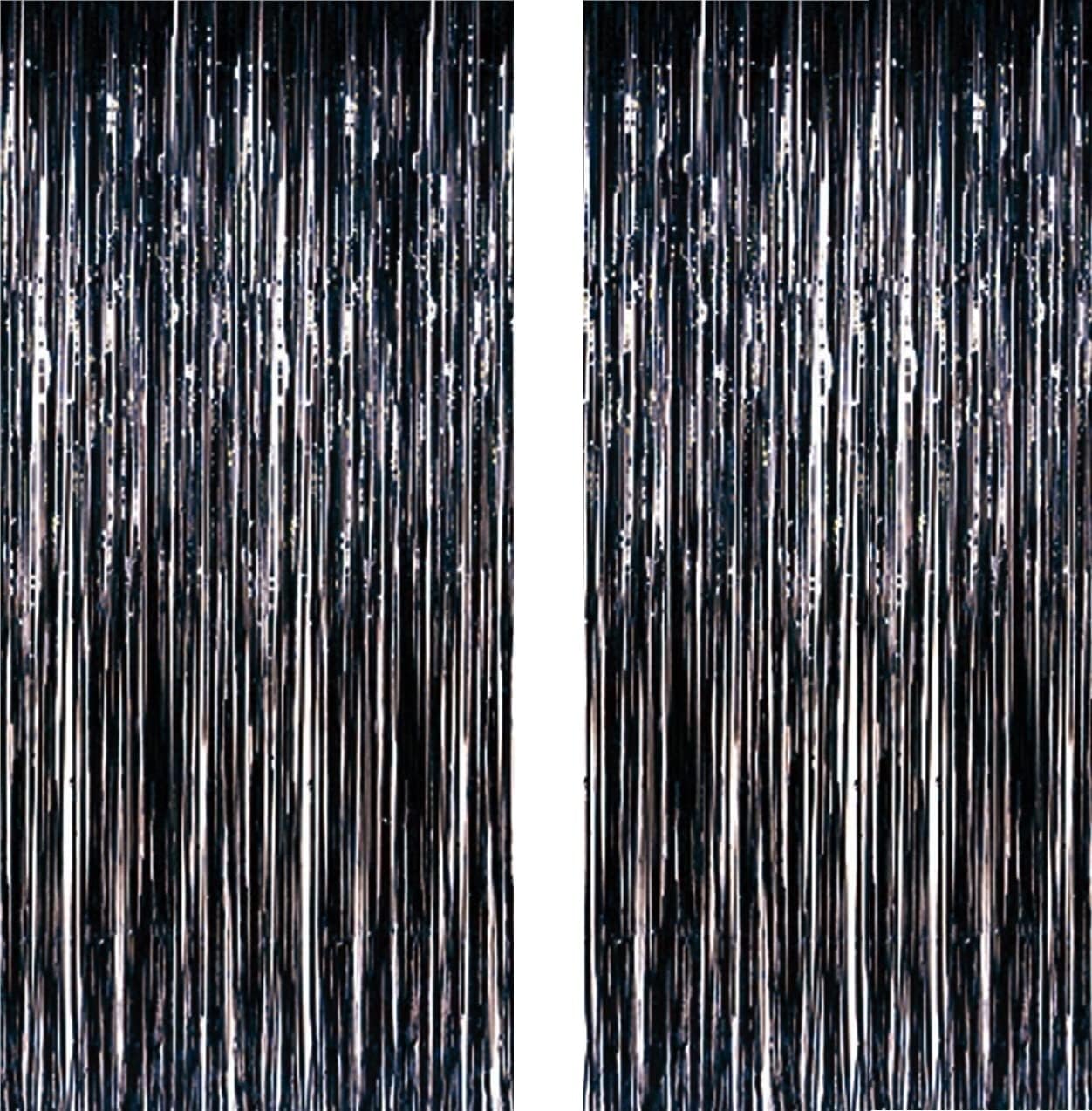 Blukey 2pcs 3.1ft x 8.2ft Black Metallic Tinsel Foil Fringe Curtain