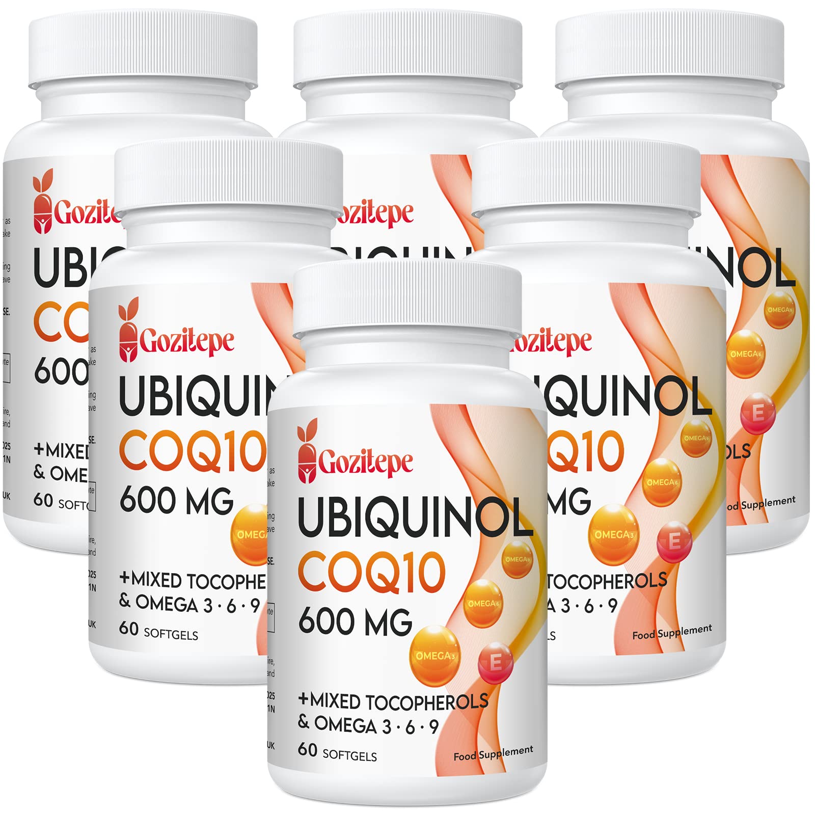 Ubiquinol CoQ10 600 mg cápsulas blandas con Omega 3, 6, 9 y vitamina E, 30 raciones Suplemento de coenzima Q10 para una mayor absorción (60 unidad (Paquete de 6))