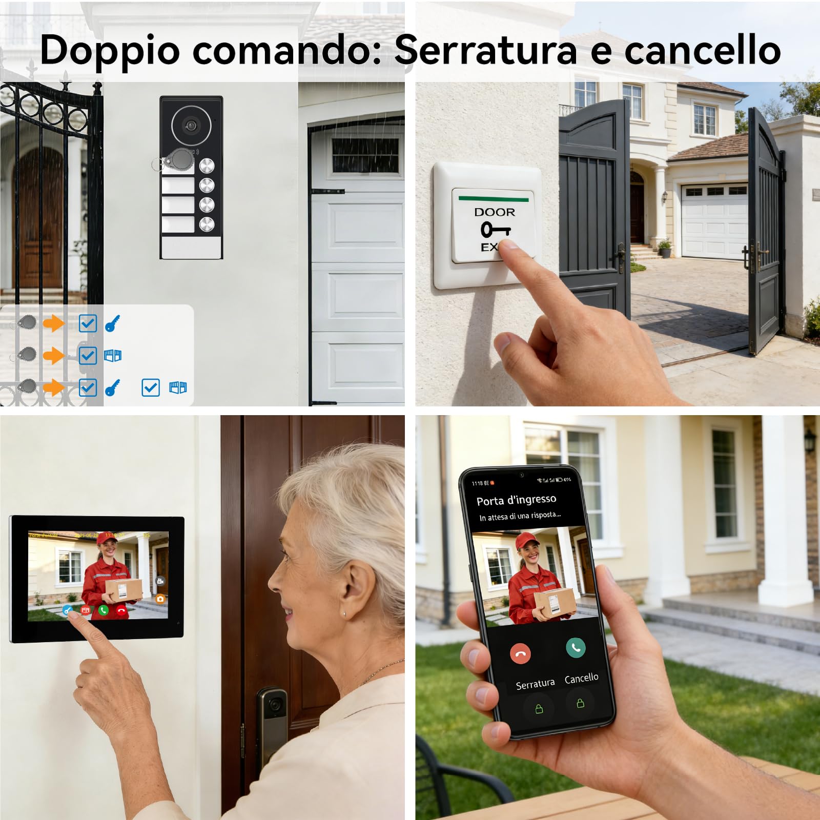 Citofono Bifamiliare, video Citofoni Wi-Fi con monitor Schermi da 7", Campanello con Telecamera per Visione Notturna, Rilevamento Persone, Sblocco Tramite App/RFID badge, Per 4 Famiglie