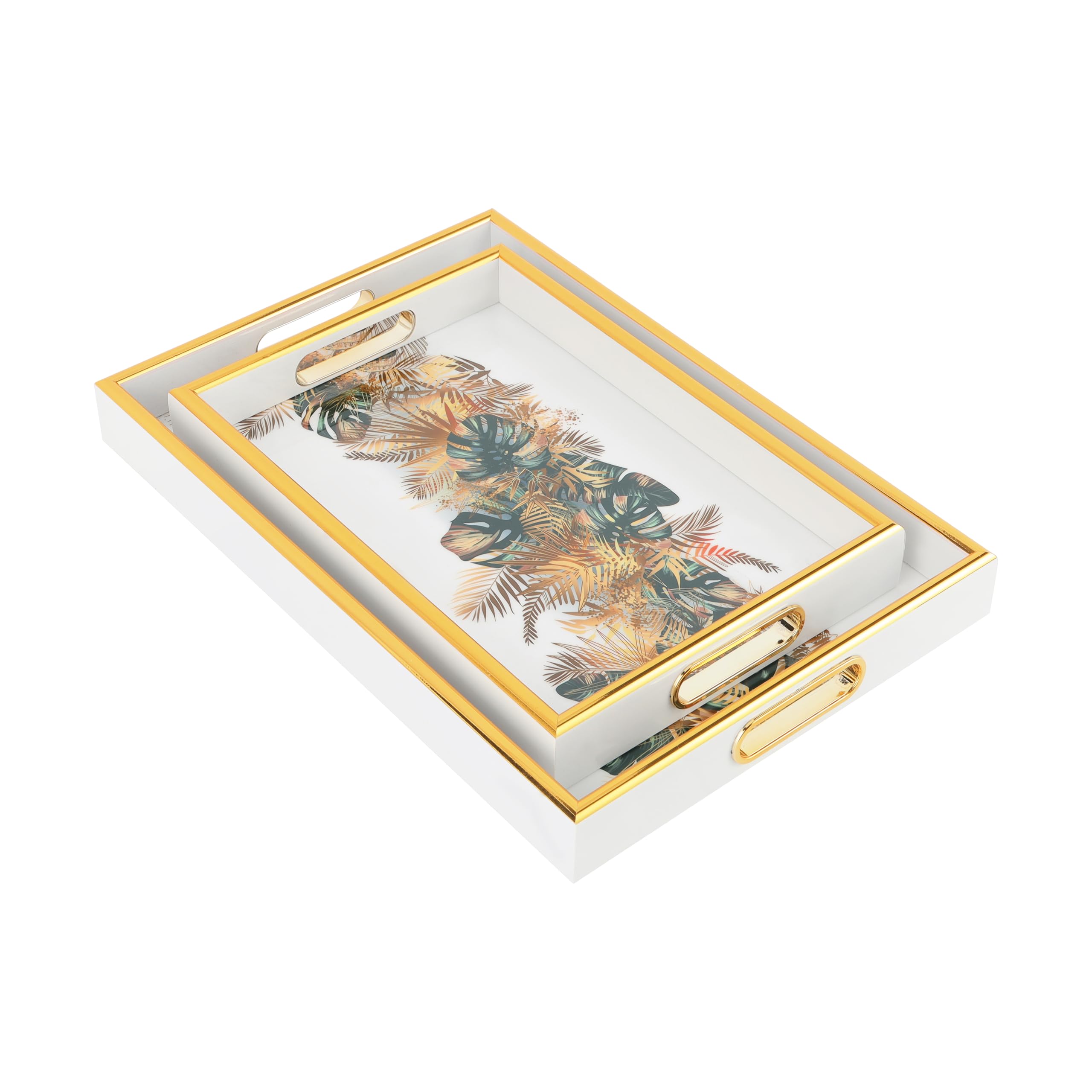 Royalford2pcs Arabic Style Tray Set RF12227 Elegant White Gold Finish With Handles Stackable Easy to Clean Convenient to Store