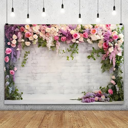 Miniatura 2 de YongFoto Fondo de pared de ladrillo blanco retro con arco floral de 9 x 6 pies, flores de rosa, hojas de vid, fondo de fotografía, cumpleaños,