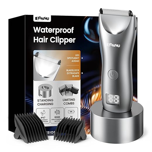 ENSSU Aparador de pelos corporais masculino – Aparador Meridiano à prova d'água com luz LED, motor rápido de 6000 RPM, 5 configurações de comprimento, IPX7 para púbico, peito e bolas (Cinzento)