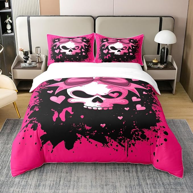 Feelyou Sugar Skull Bedding Set Queen Size Kids Skeleton Design Comforter Cover Set for Boys Girls Teens Pink Bowknot 100% Cotton Duvet Cover Halloween Theme Bedspread Cover(No Comforter