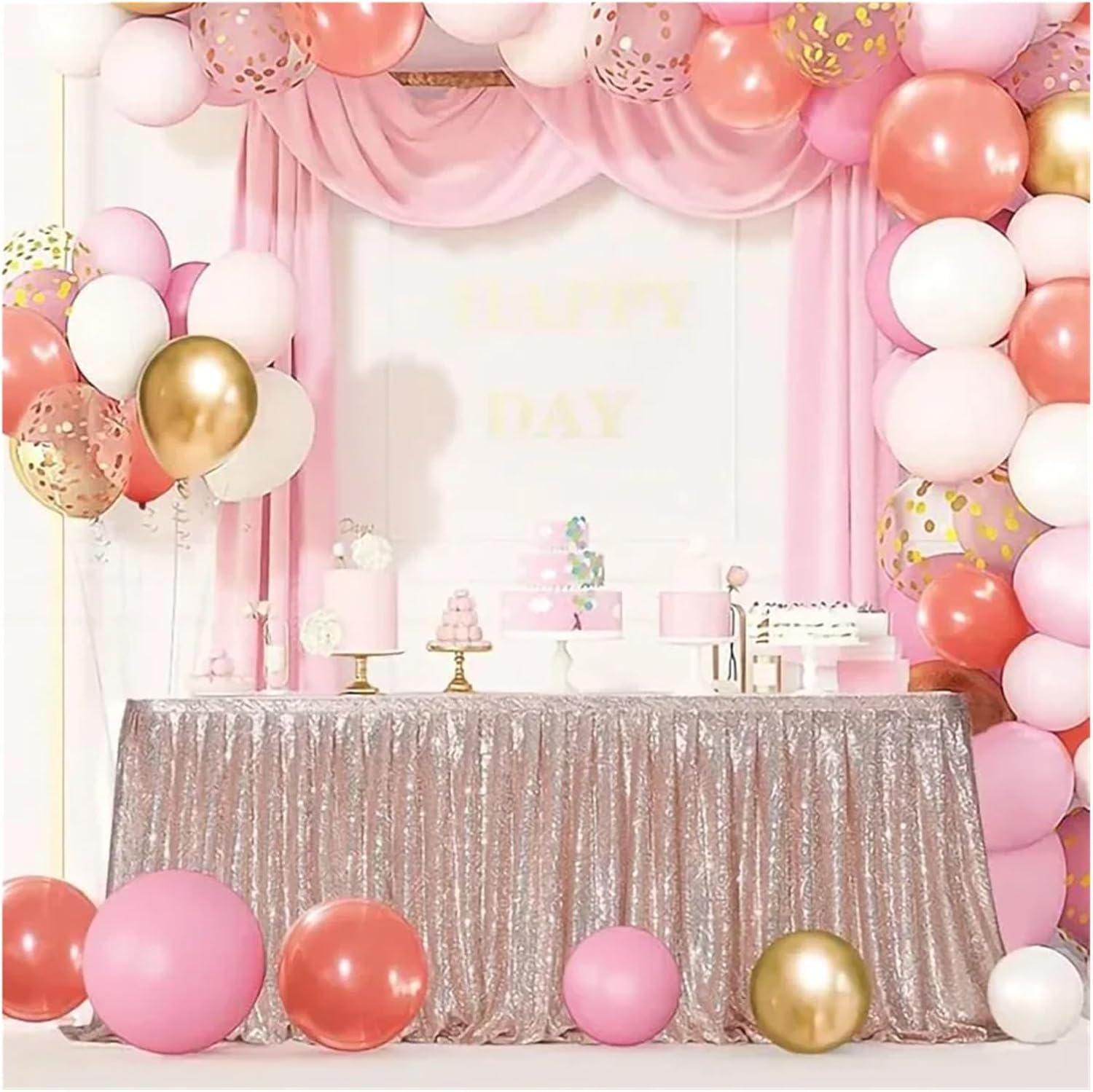 Party table skirt， Sequin Table Skirt Tables Flash Cloth Birthday Party Decor Wedding Festival Event Rectangle Glitter Table Skirts Decoration For Wedding, Birthday, Party, Bar, Prom(Beige,14FT 70x426