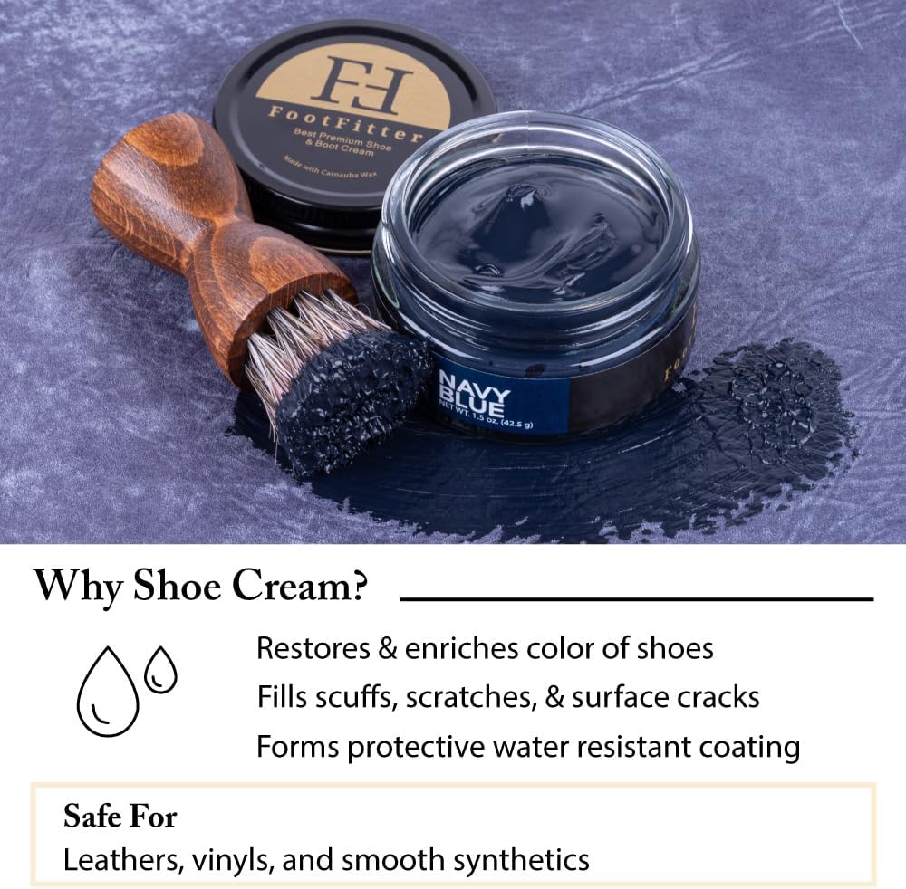 FootFitter Shoe Cream and Dauber Brush Set Bundle, Shoe Shine Polish Applicators & Navy Blue Shoe Cream