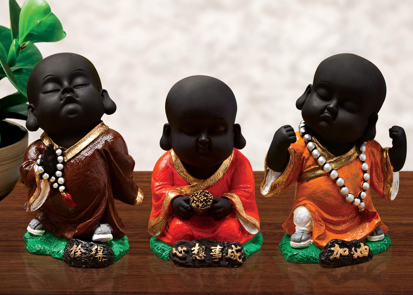 Karigaari India Handcrafted Set of 3 Resine Little Sitting Buddha Monk Sculpture | Showpiece for Home Décor and Office, PWR-018