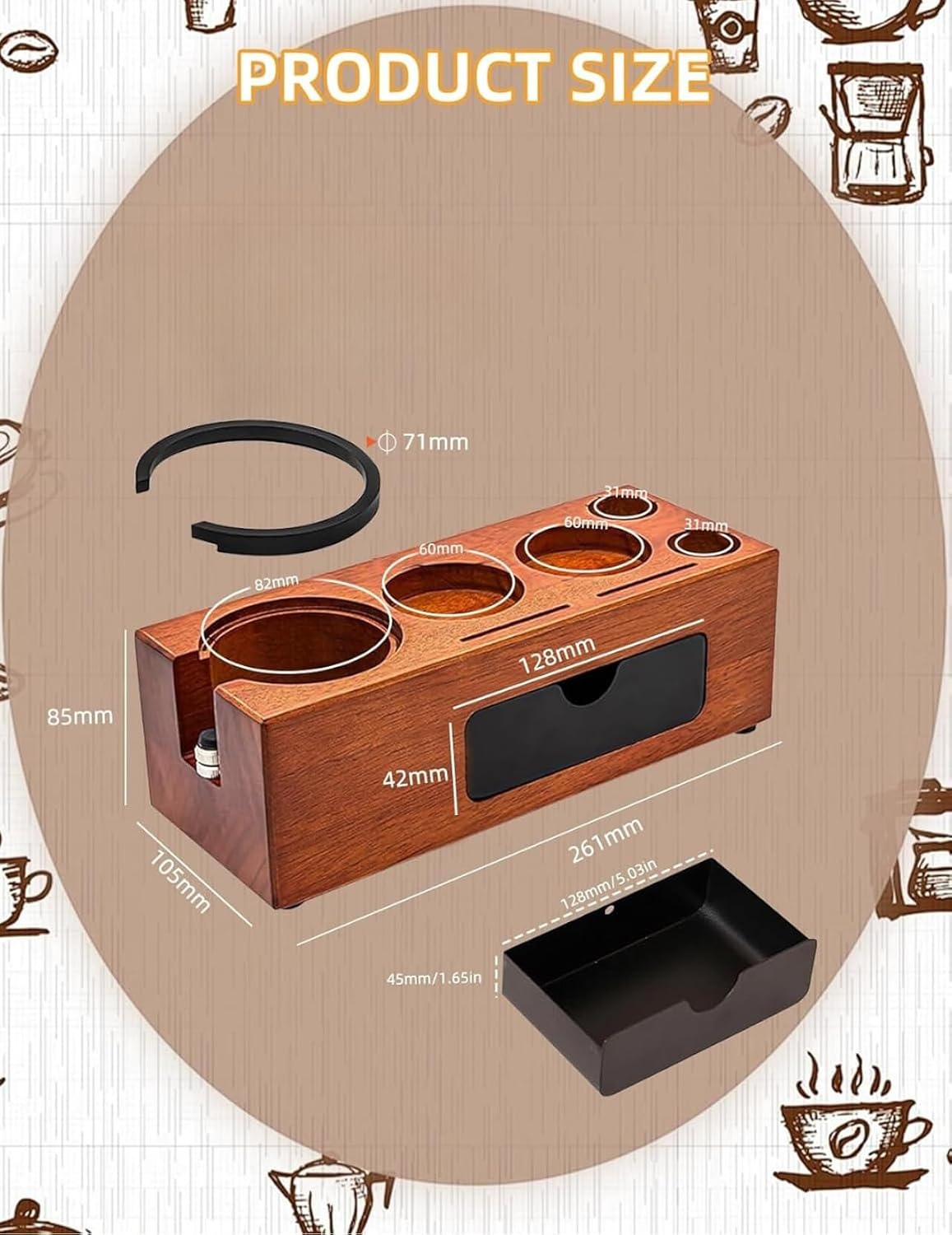 Espresso Tamping Station, Wood Knock Box Drawer Organizer Combo, Compatible with 58mm Portafilter and Tamper, for Home Baristas, Coffee Stations, and Espresso Tools Storage image 3
