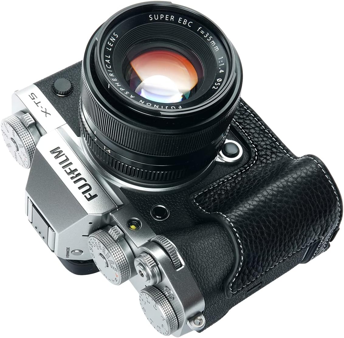 X-T5 Camera Case, BolinUS Handmade Genuine Real Leather Half Camera Case Bag Cover for Fujifilm Fuji X-T5 XT5 Camera Bottom Opening Version + Hand Strap (Black)