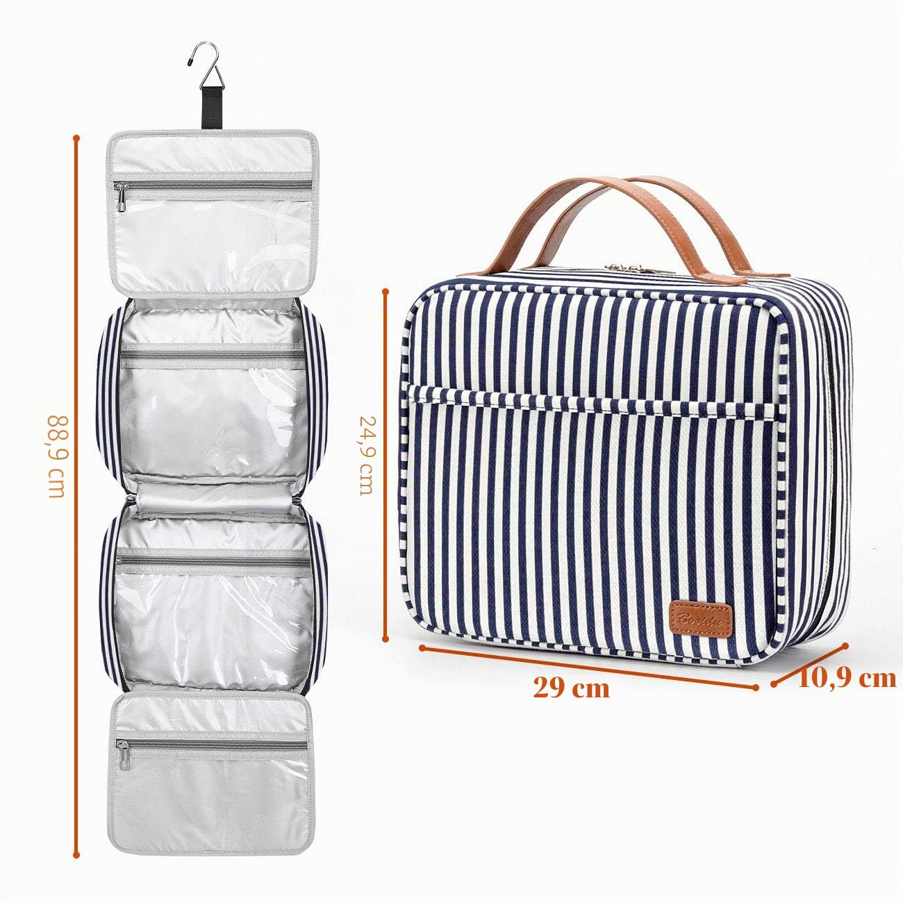 Kulturbeutel, zum Aufhängen, große Kapazität, wasserdichte Kosmetiktasche, Make-up-Organizer mit 4 Fächern und stabilem Haken für Damen und Herren Marineblau und Weiß gestreift Large