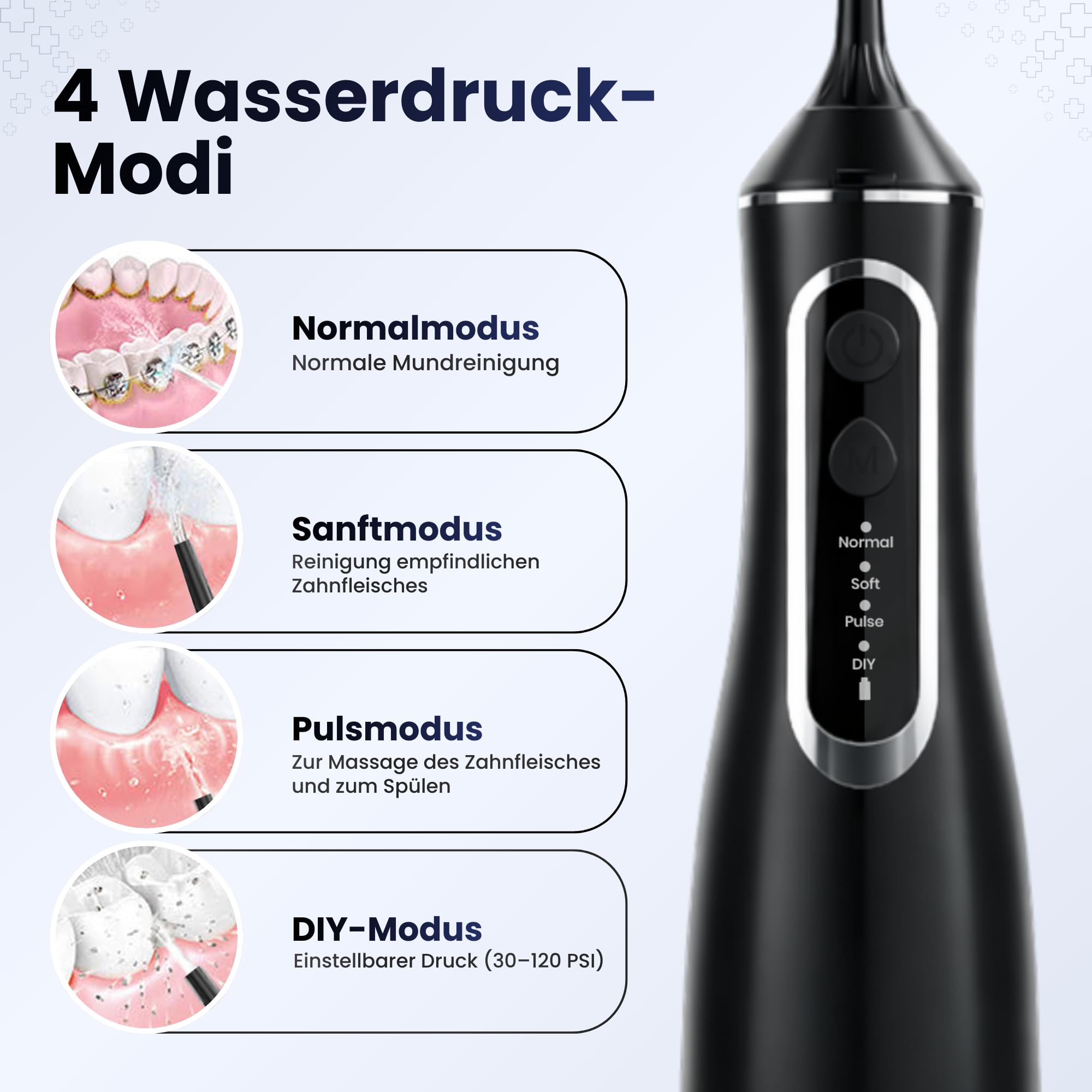 BeFit24 Elektrische Tragbare Munddusche 320 ml Water Flosser Kabellos IPX8 | Munddusche Waterflosser Tragbarer Dental Irrigator 4 Modi 120PSI 1400–1800/min | 1400mAh Batterie USB Wiederaufladbar