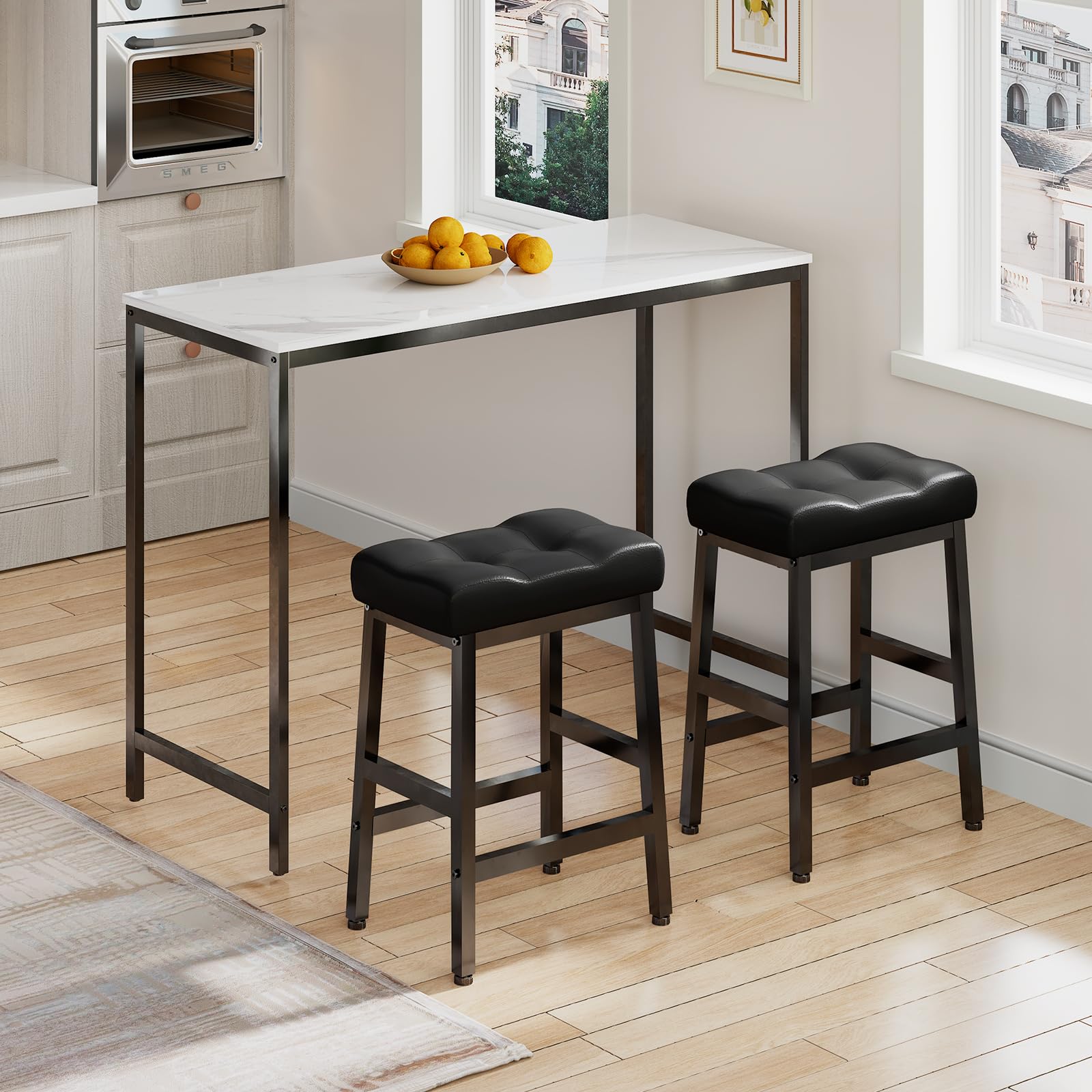 HOOBRO Barstool Set of 2, 24 inch Counter Height Saddle Stools, 3.5" Thick Sponge PU Bar Chairs, Breakfast Stools with Foot Rest, Backless Dining Stools, for Kitchen Island, Black BB05MD01