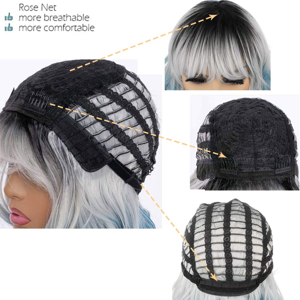 aSulis Short Curly Bob Wigs With Bangs Natural Looking Blue Wavy Bob Wigs Synthetic Wavy Bob Wig Heat Resistant Fiber Wigs for Women (Black White Blue)