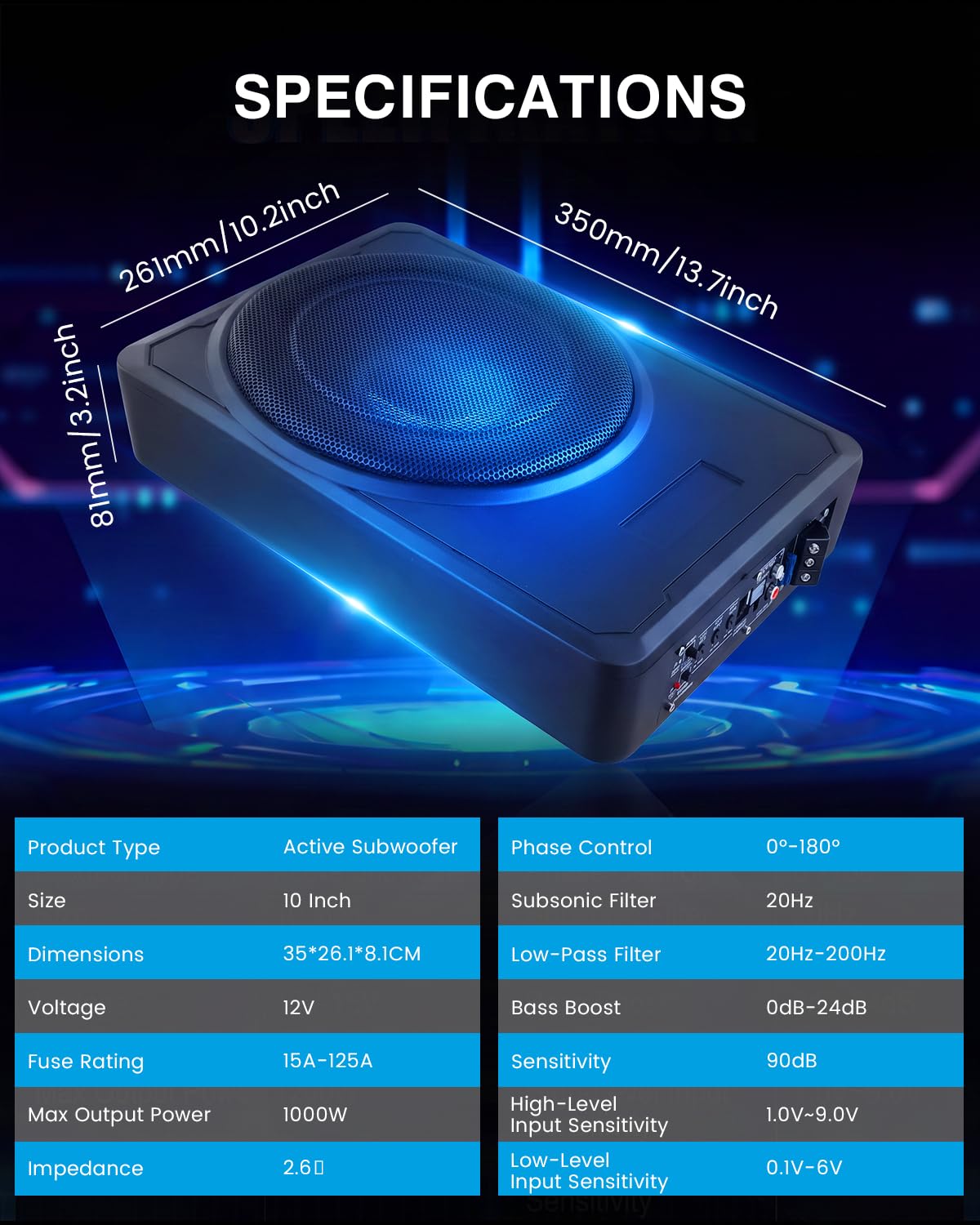 Subwoofer Auto Amplificato Sottosedile, 800W RMS, 1000W Max, 12V