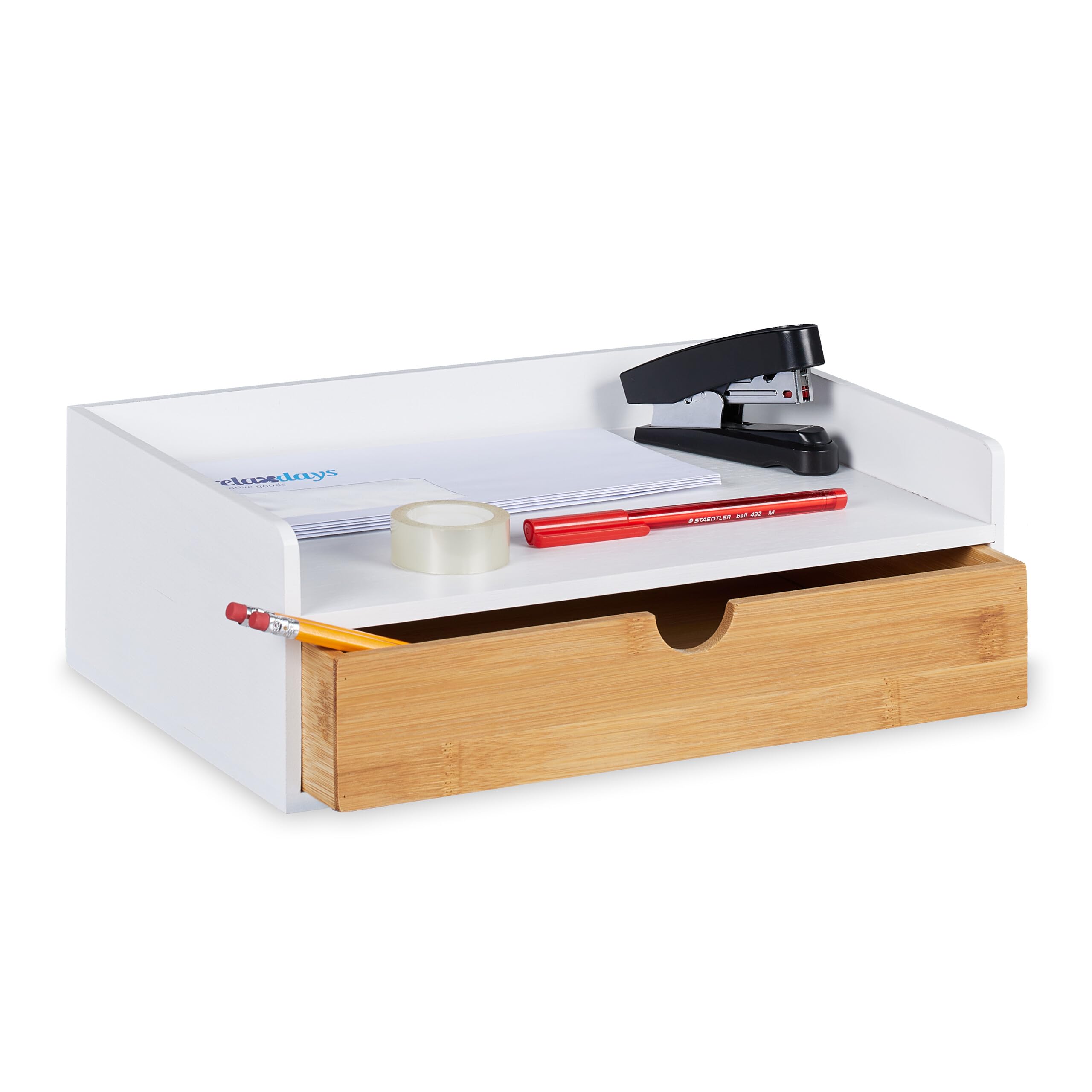 Relaxdays Organizer da Scrivania, 1 Cassetto, Ripiano per Documenti DIN A4, bambù, HLP: 11 x 32 x 22 cm, Bianco/Naturale
