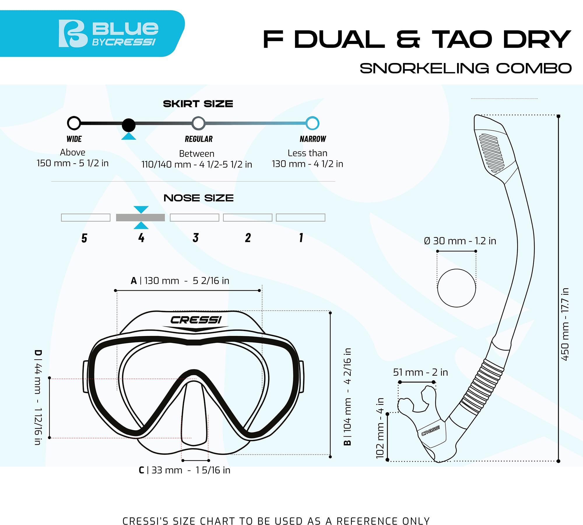 Cressi Máscara de Buceo sin Marco de Lente única y esnórquel seco para esnórquel, Buceo, F-Dual y Tao Dry: diseñado en Italia