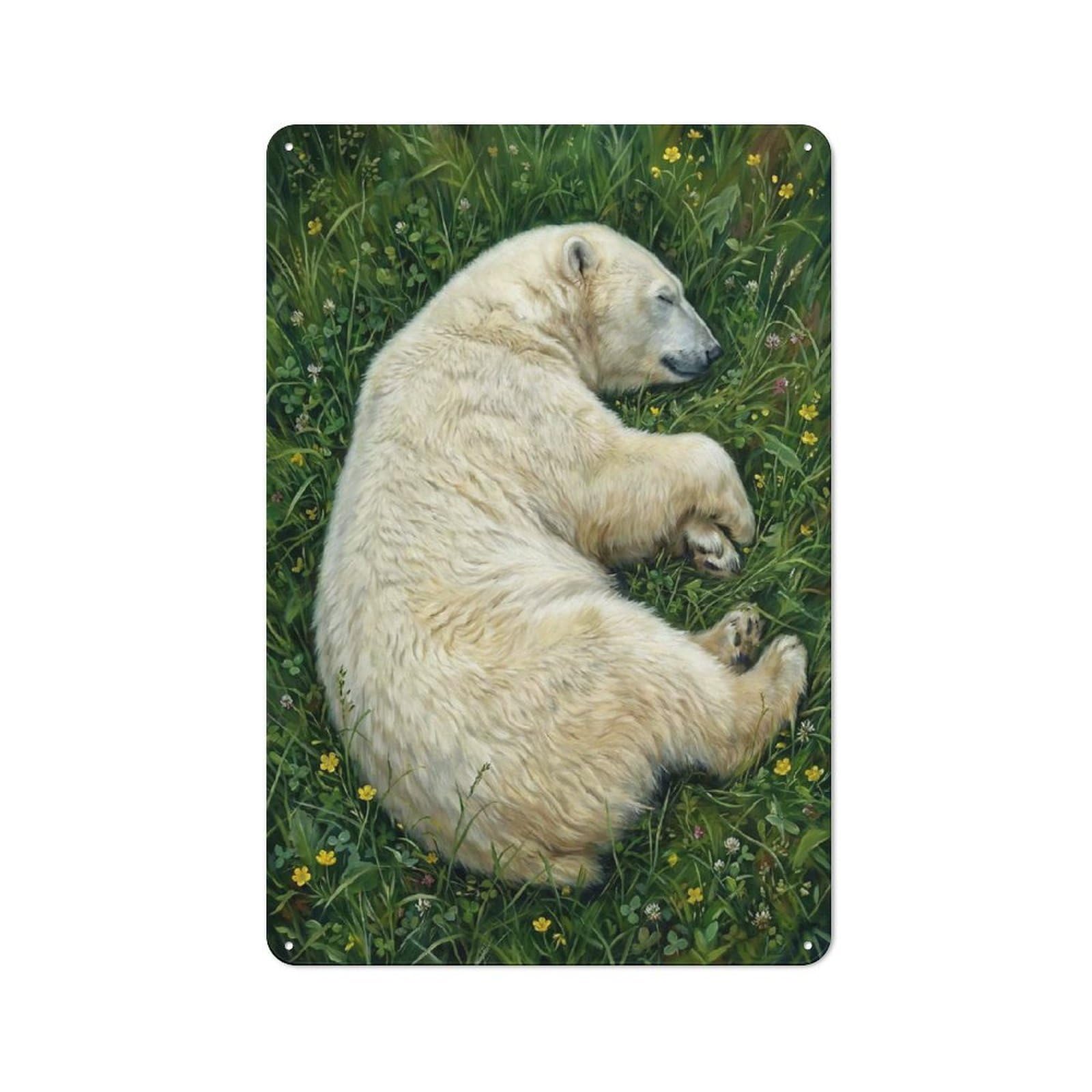 Junmoney Style-2 Industrial Metal Sign With Sleeping Polar Bear In Meadow Design 30X20cm, Modern Retro Loft Wall Plaque For Workspace, Cafe, Hallway Or Garage