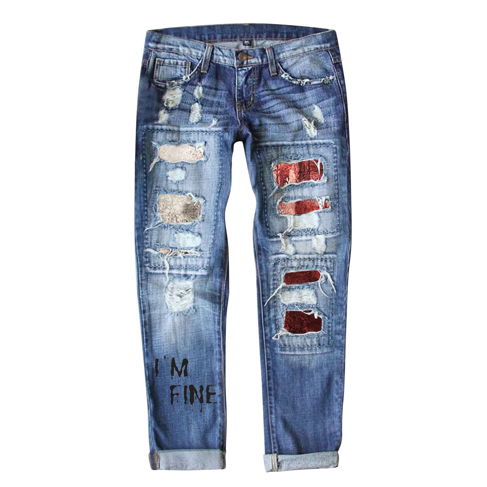 Genérico Vaqueros para Mujer Bajita Elásticos Bolsillos Pantalones Invierno Bootcut Bolsillo Deportes Campana Elefante de Lavados con Efectos Rasgados y Estampado Temático Halloween un Unisex Moderno