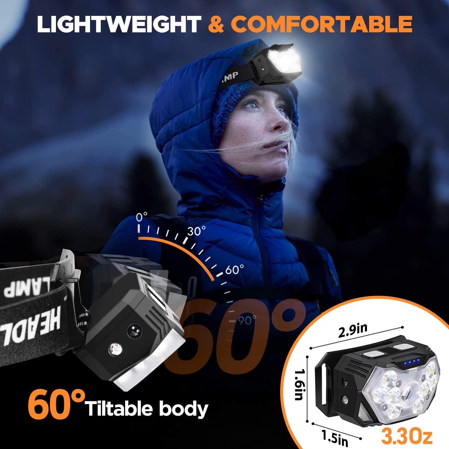 9 LED-Stirnlampe, wiederaufladbar, 2 Stück, 2000 Lumen, superhelle Stirnlampe, USB-C, 10 Modi mit weißem rotem Licht, Bewegungsmelder, Wandern, Angeln