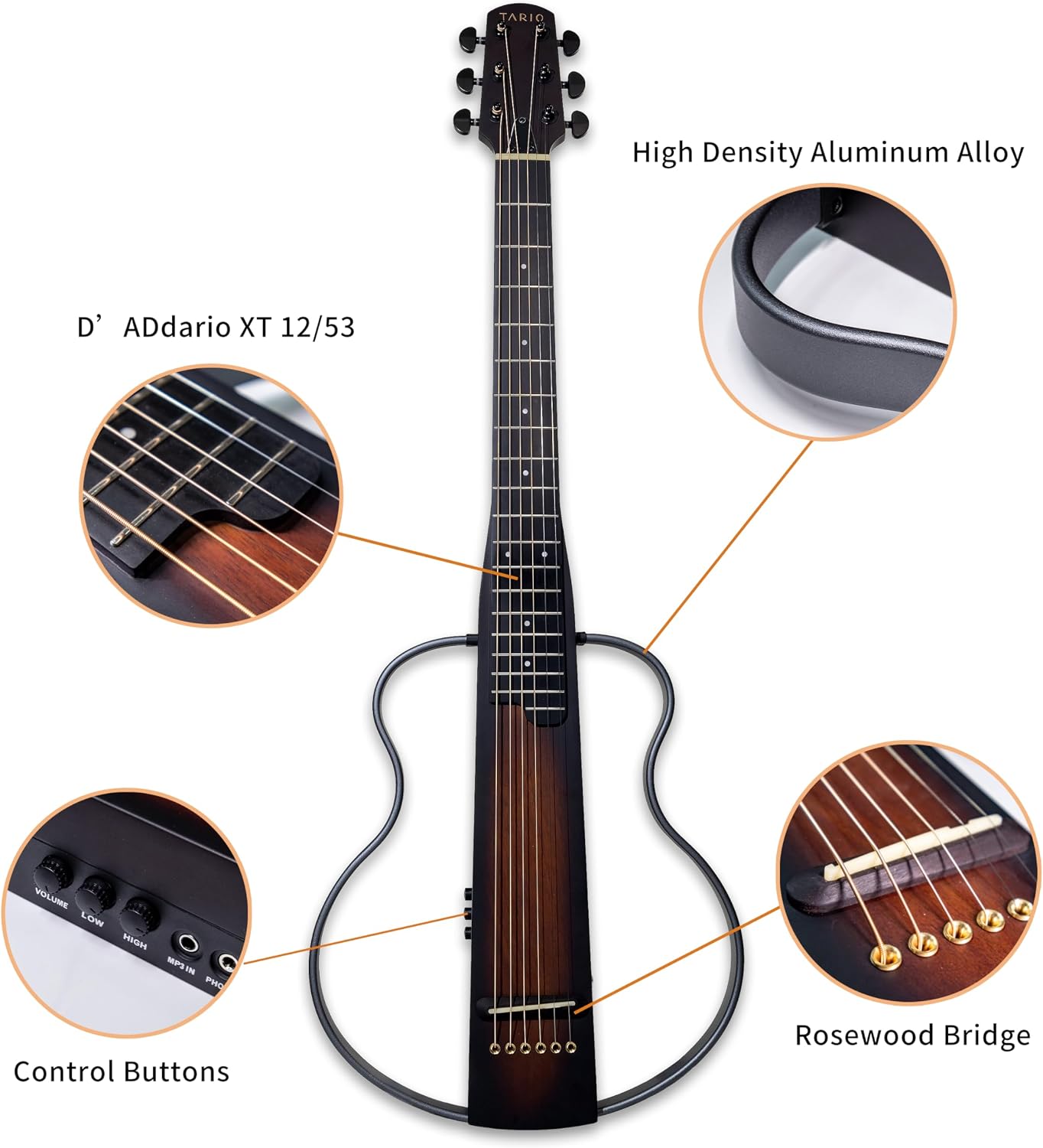 TARIO Silent Acoustic Guitar, Folding Travel Guitar, 6-String, Mahogany Body Sunburst