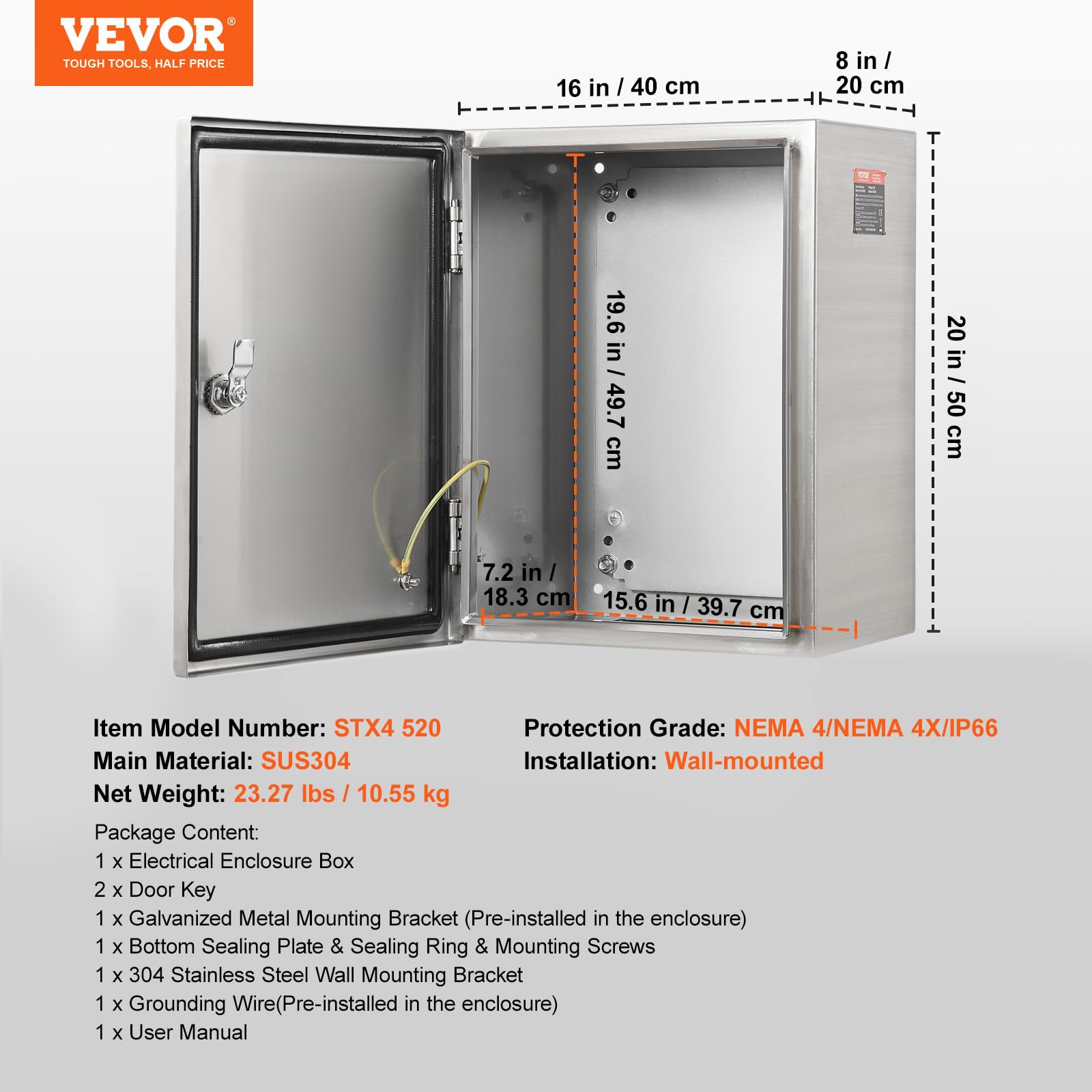 VEVOR Scatola elettrica in Acciaio, 20"x 16"x 8", Custodia per Apparecchiature Elettriche Elettroniche per Esterni Montata a Parete con Blocco Cerniere Piastra di Montaggio, Impermeabile IP66