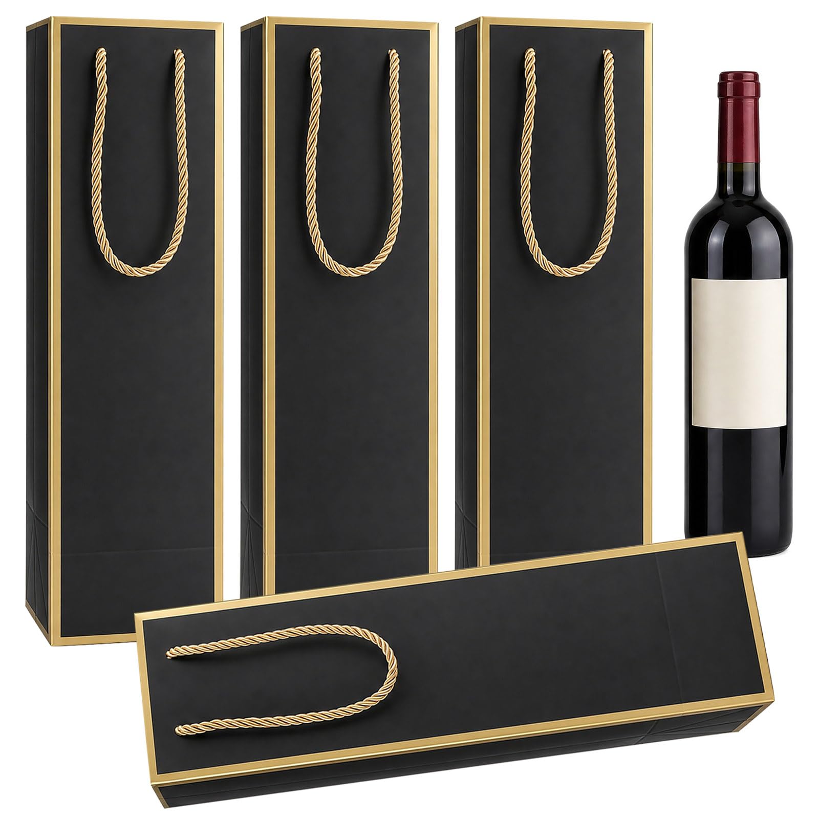 4"x4"x11" Premium Whiskey Bottle Gift Bags 4 PCS, Reusable Wine Gift Bag with Elegant Gold Foil Print, Luxury Black Liquor Bags with Sturdy Handles for Party, Wedding, Spirits & Small Bottles