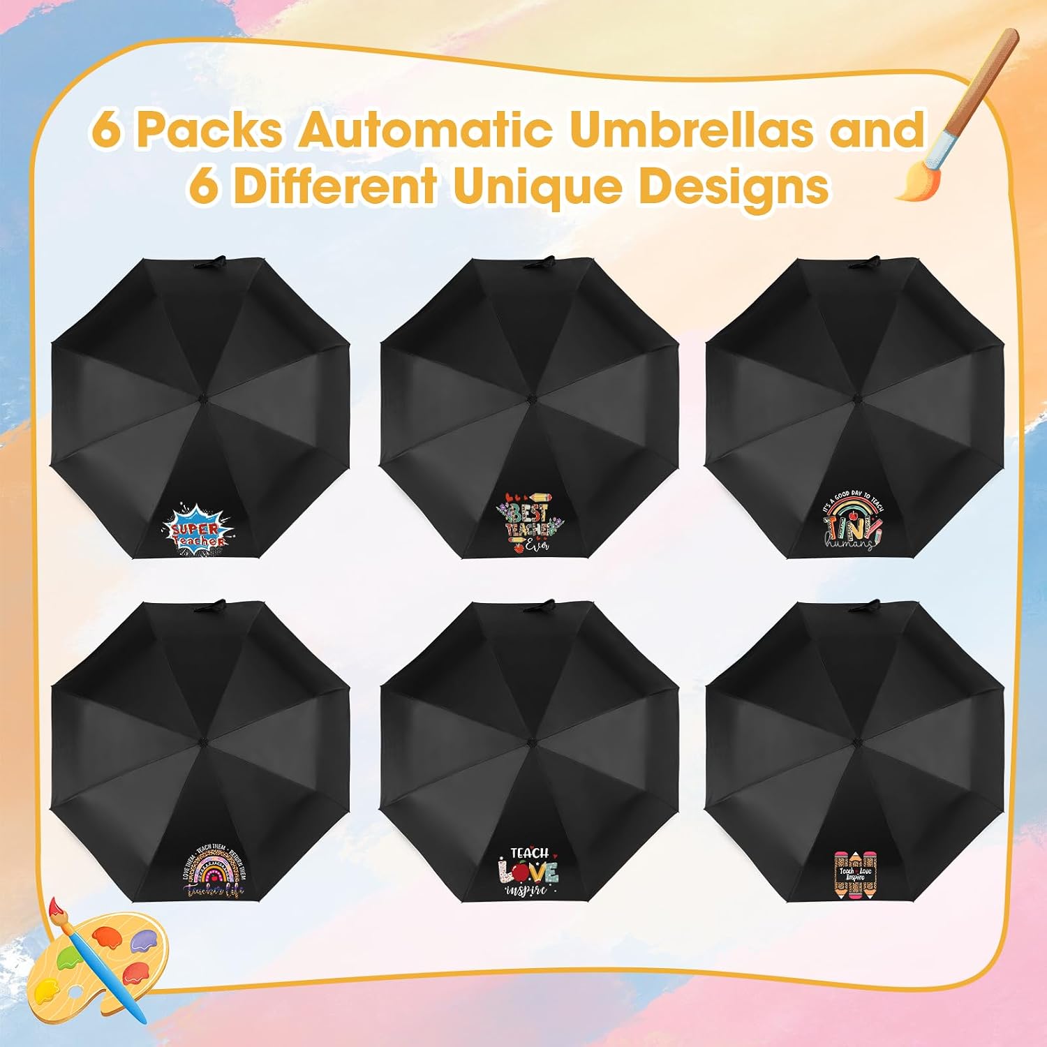 VZZNN 6 Pack Teacher Appreciation Gifts for Women Men - Unique Thank You Gifts for Kindergarten Daycare Teachers - Compact Automatic Umbrella Set for End of Year Retirement Birthday