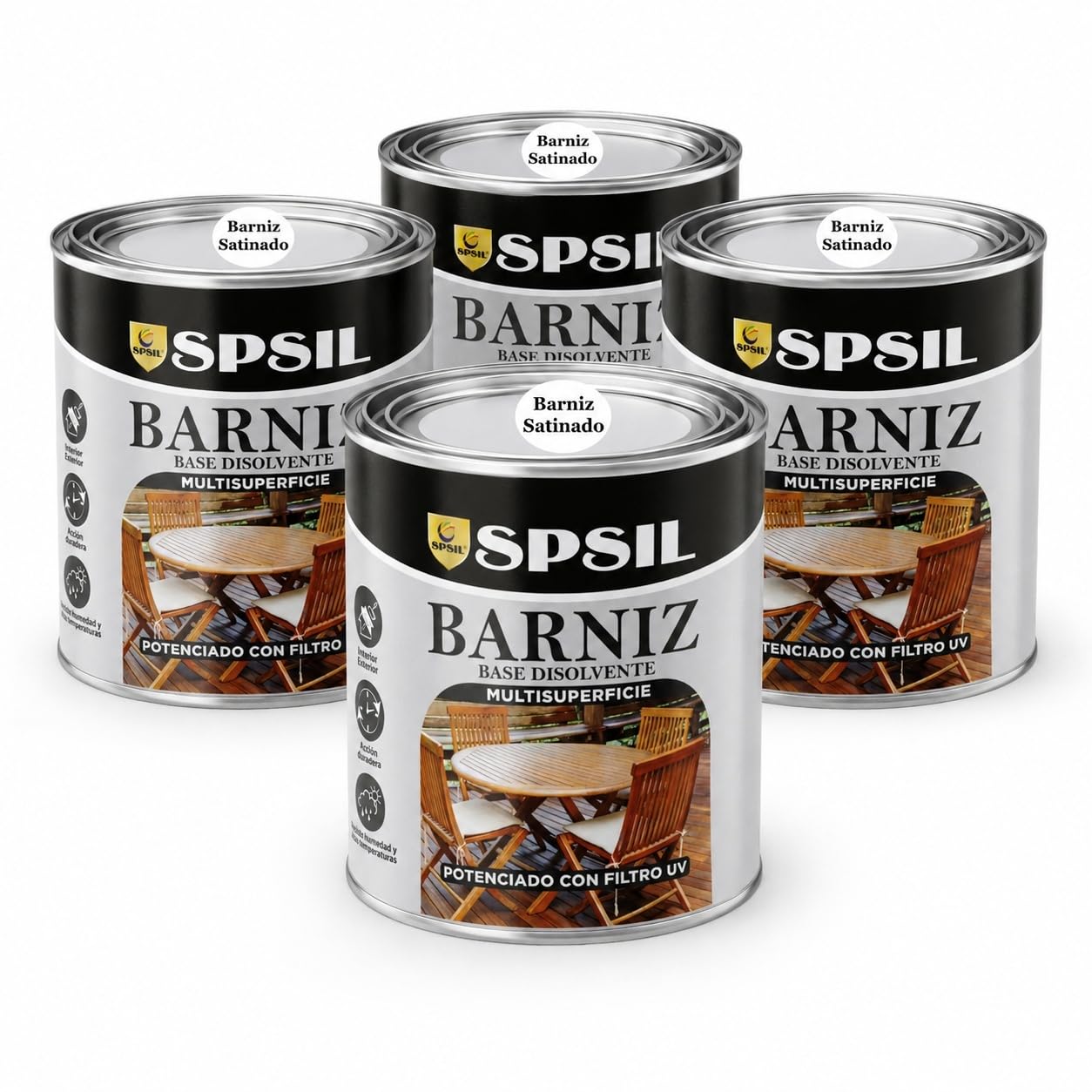 SPSIL Barniz Sintético al Agua para Madera Barniz Satinado 750ml X4, Protección UV y contra Humedad - Acabado Brillante - Secado Rápido - Interior y Exterior - Alto Rendimiento 8m²/L