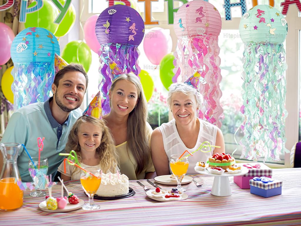 4 Stück Meerjungfrauen Papier Laterne,Quallen Papierlaternen,Papier Laterne,Hängedekoration Papier Lampions,Meerjungfrau Papierlaternen Deko,Partyzubehör mit Meeresmotiven Ozean Thema Party