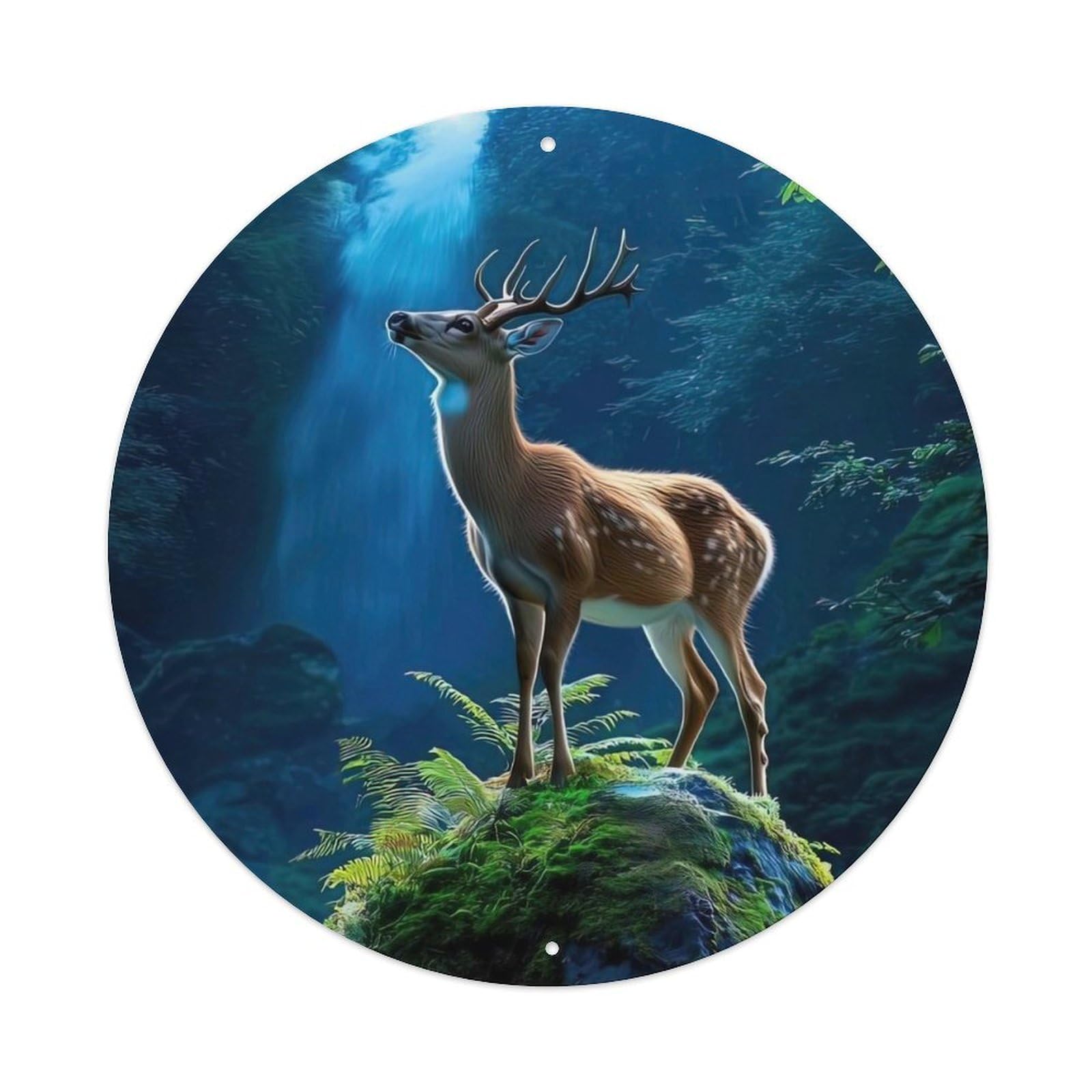 Animal Sika Deer in Waterfall Forest Sunbeam Moss Fern Landscape Vintage Metal Tin Sign Plaque Wall Decor for Cafe, Club Bar, Office, Garden Metal Poster 8x8Inch