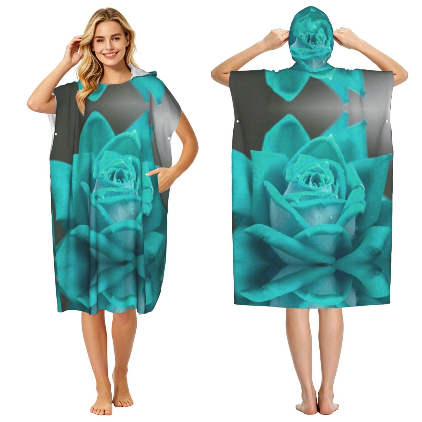 EZDLOWVBA Pretty Rose Print Hooded Poncho Microfiber Beach Towel,Adult Women & Men Changing Robe,Lightweight Summer Surf Swim Bath Poncho Towel