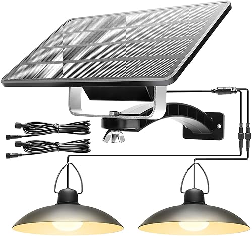 JACKYLED Luces colgantes solares de doble cabezal para exteriores e interiores, luces LED solares IP65 impermeables, iluminación de seguridad de