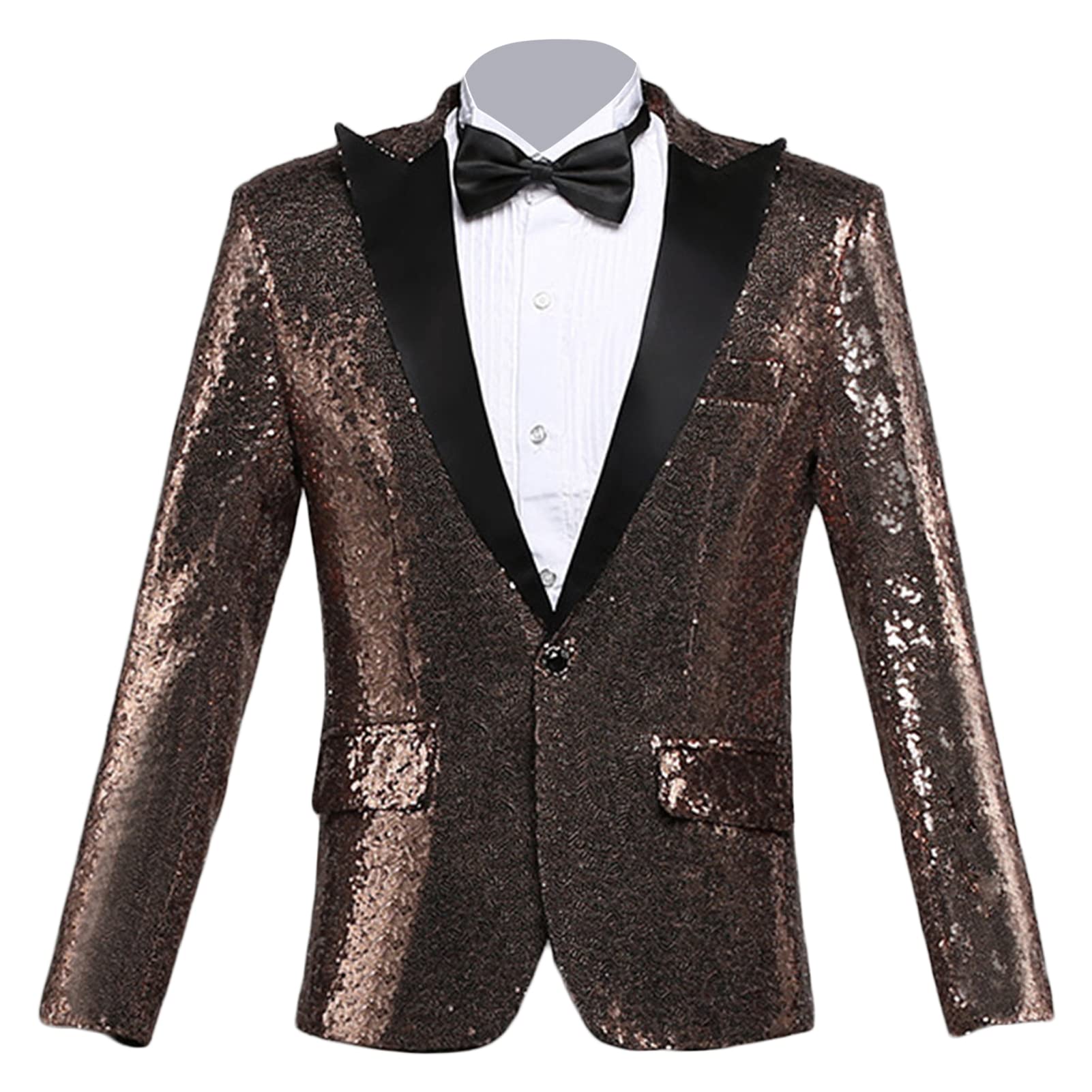 Men's Shiny Sequins Suit Blazer One Button Sequin Festival Party Tuxedo Slim Fit Banquet Prom Wedding Sport Coat (Brown,Medium)