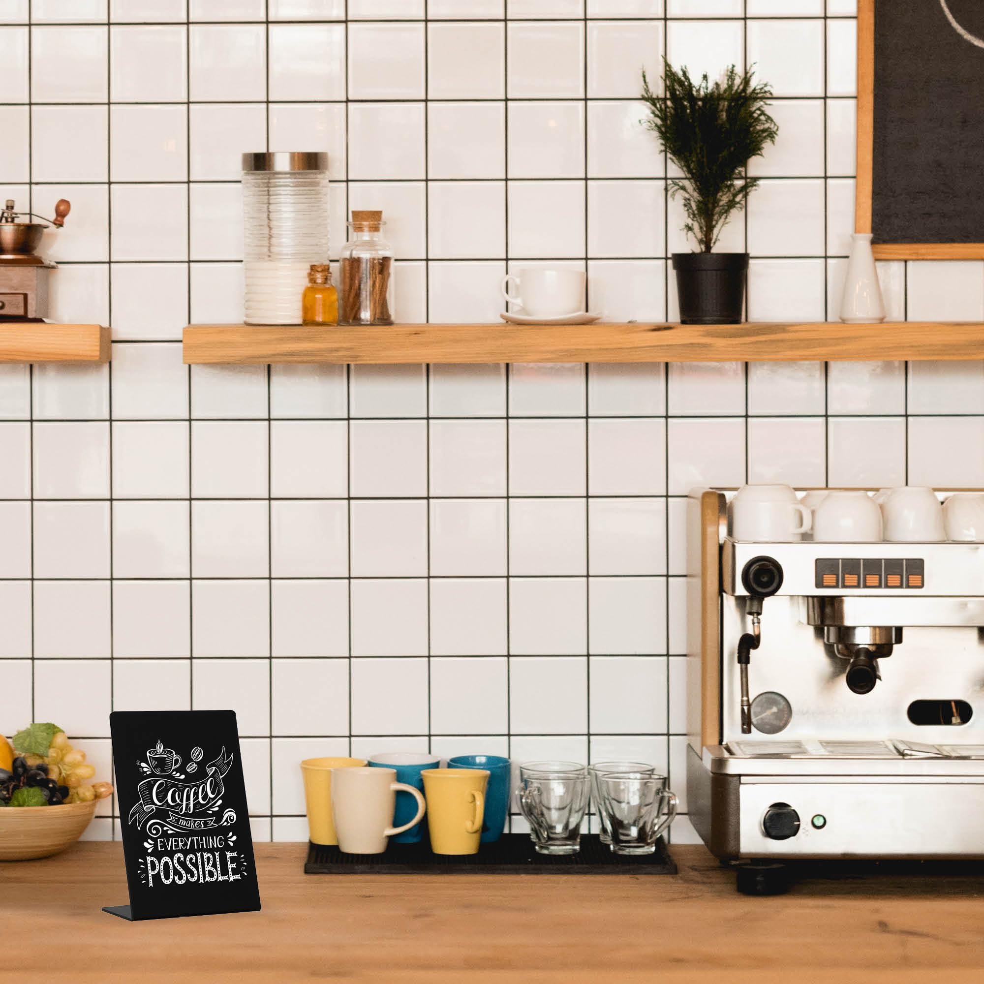 Europel Tablica kredowa na biurko w standardzie L, A6, styropian, styl łupkowy, zintegrowana stabilna podstawa, prezentacja jednostronna, do restauracji, hotelu, na festiwal, food truck, biuro,