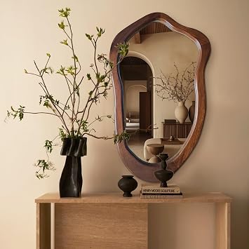 40"x24" Irregular Wall Mirror, Walnut Bathroom Mirror Wood Frame