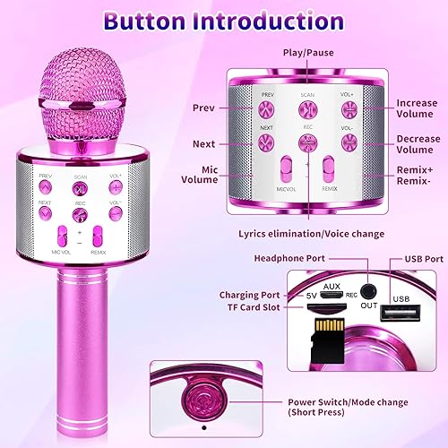 Miniatura 2 de Micrófono de karaoke para niños, micrófono inalámbrico Bluetooth 5 en 1, micrófono de karaoke portátil de mano con altavoz, grabadora de juguetes