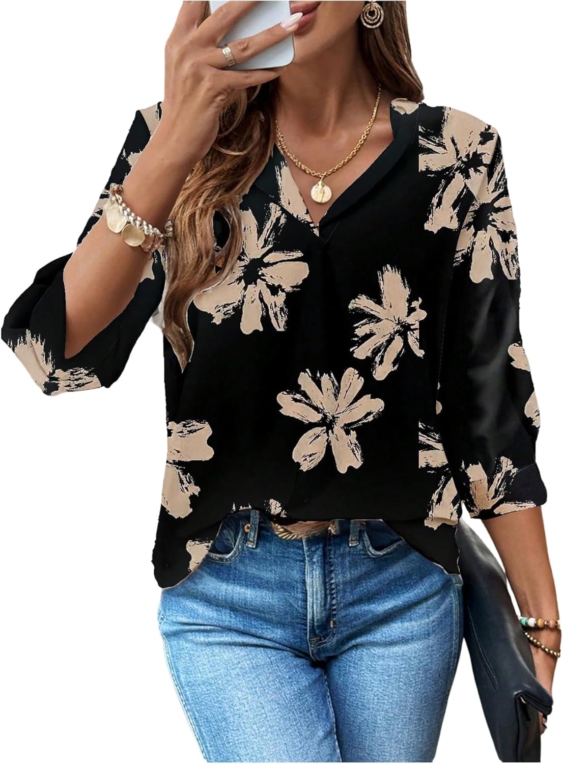 SOLY HUX Women's Floral Blouse V Neck 3/4 Sleeve Casual Office Work Tops